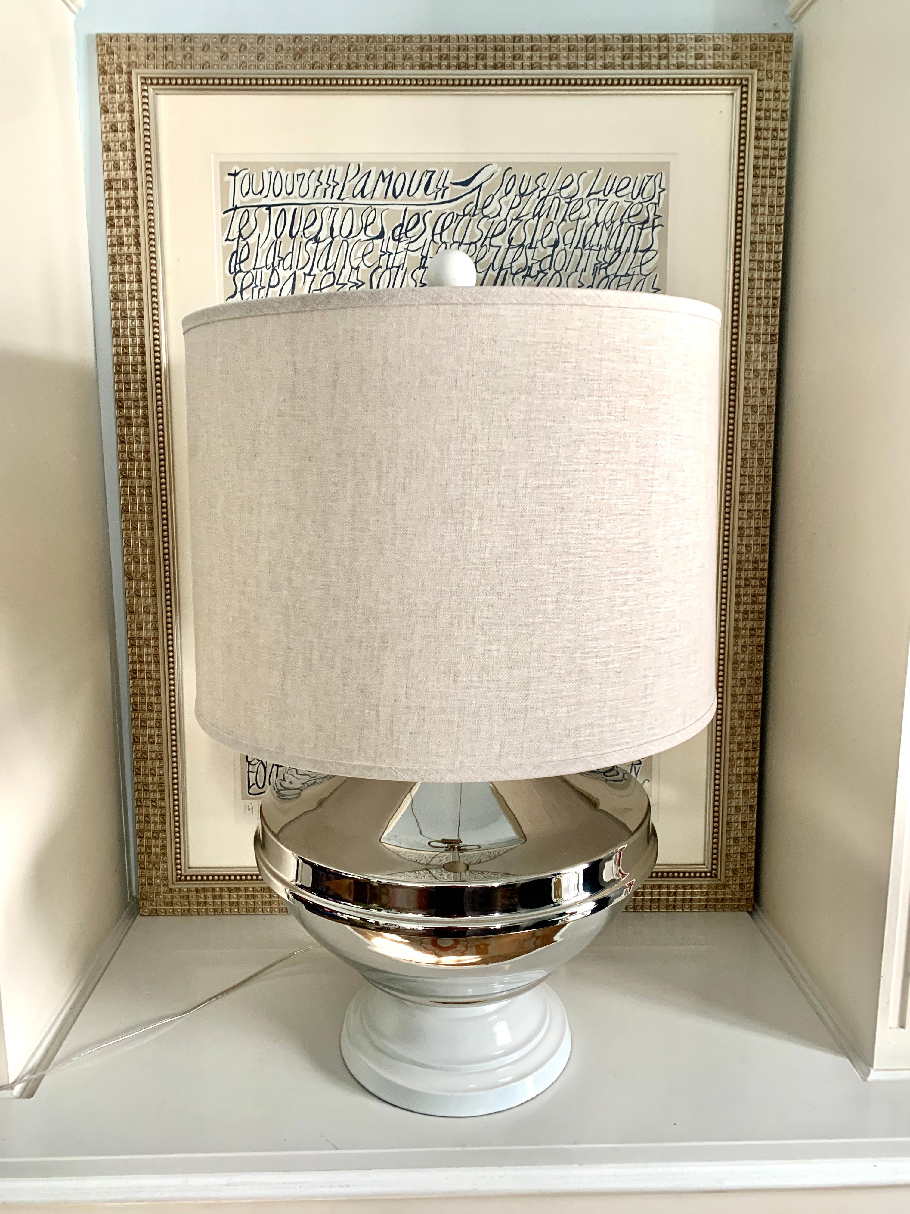 Polished Chapman Silver Plate Lamp with Linen Shade For Sale
