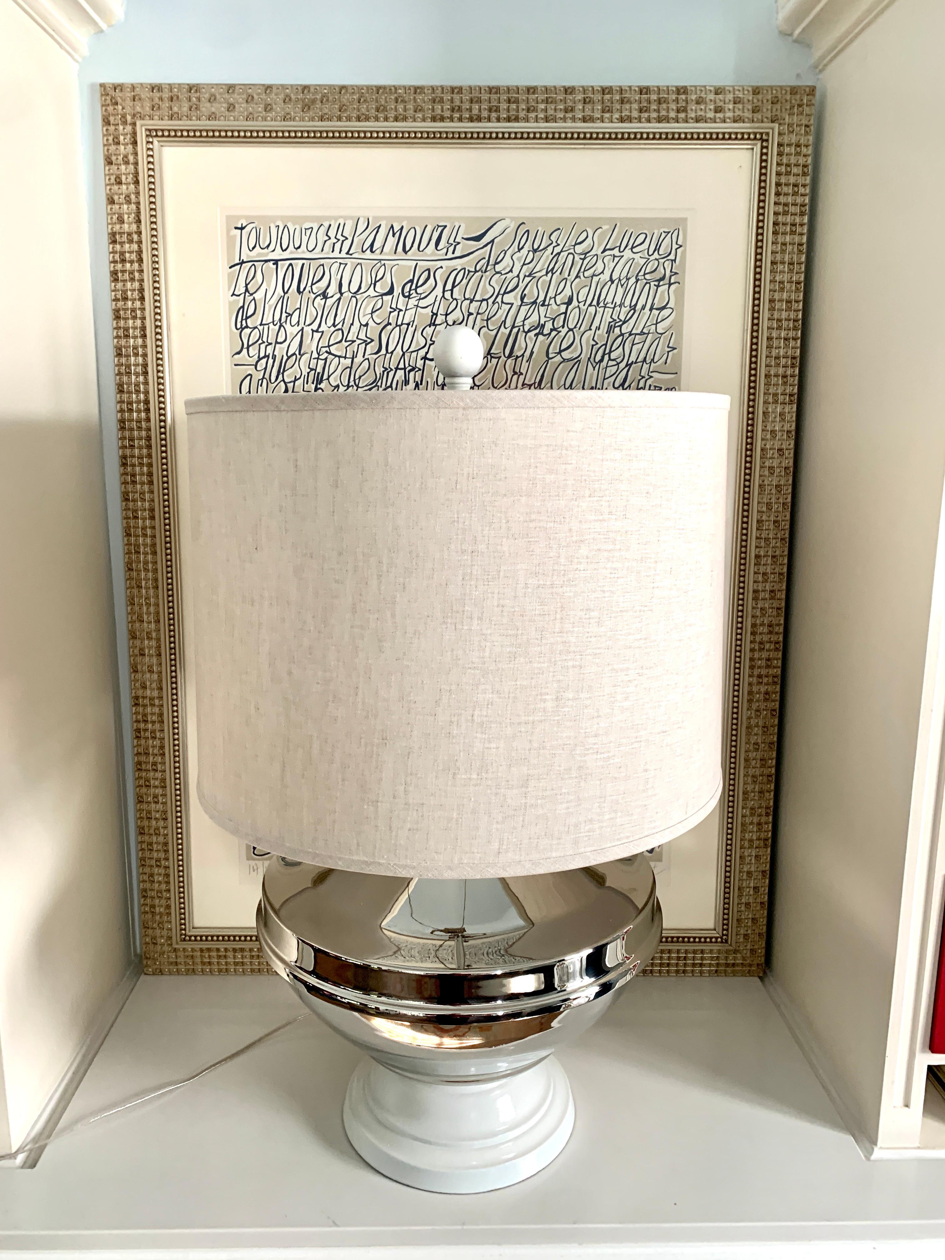 Chapman Silver Plate Lamp with Linen Shade In Good Condition For Sale In Los Angeles, CA