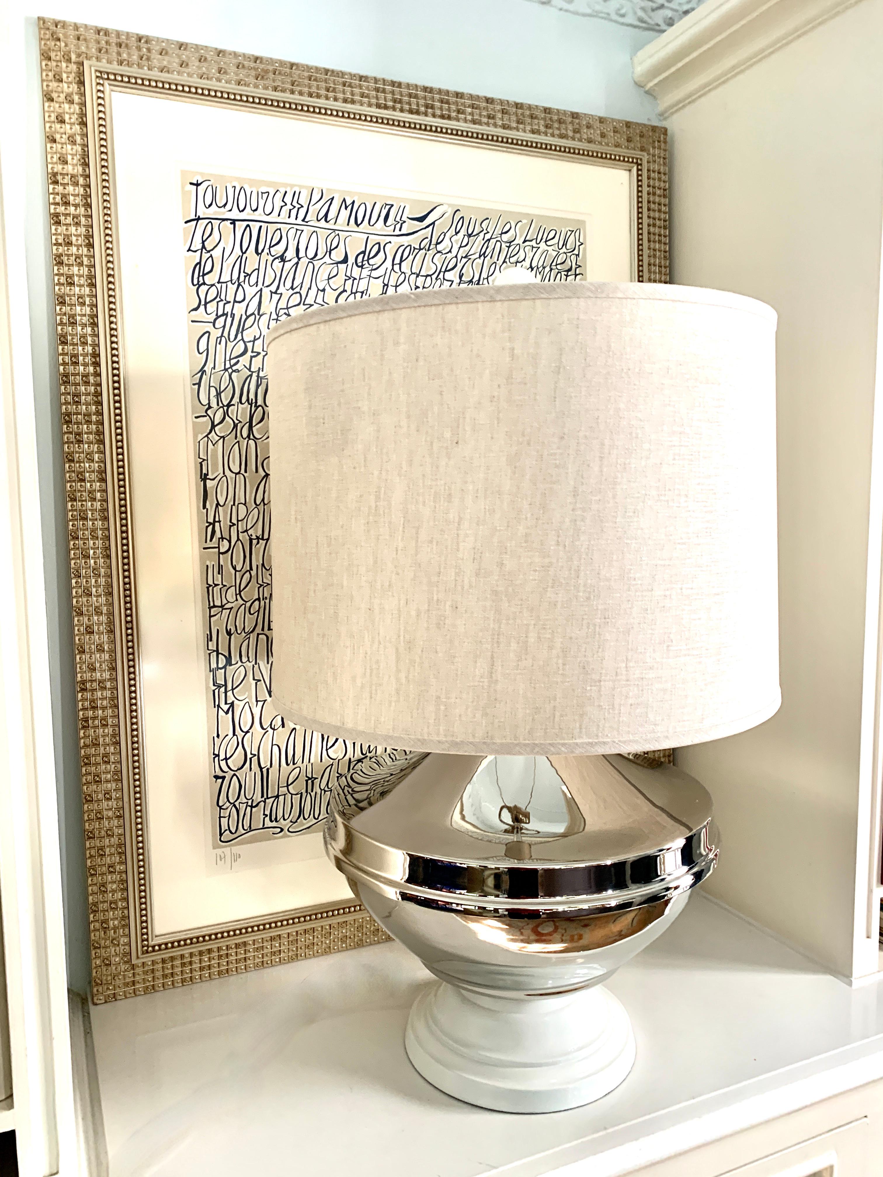 20th Century Chapman Silver Plate Lamp with Linen Shade For Sale