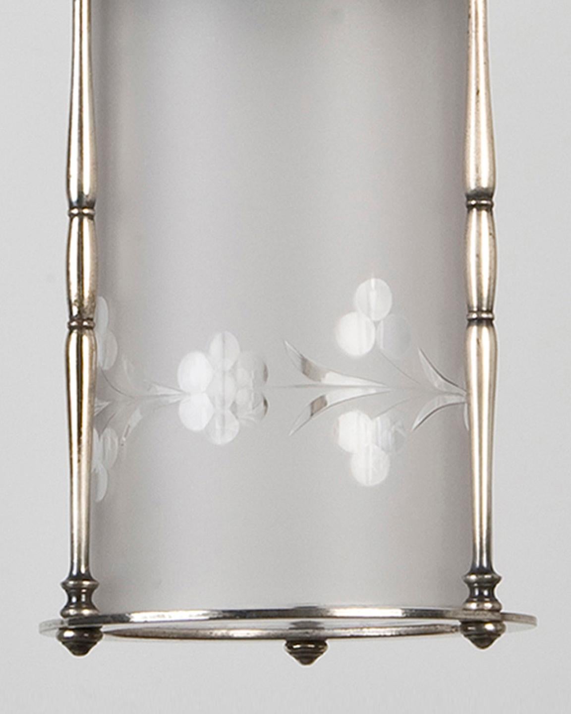 American Silver Plate Lantern with Frosted Glass Cylinder with Wheel Cut Foliate Detail
