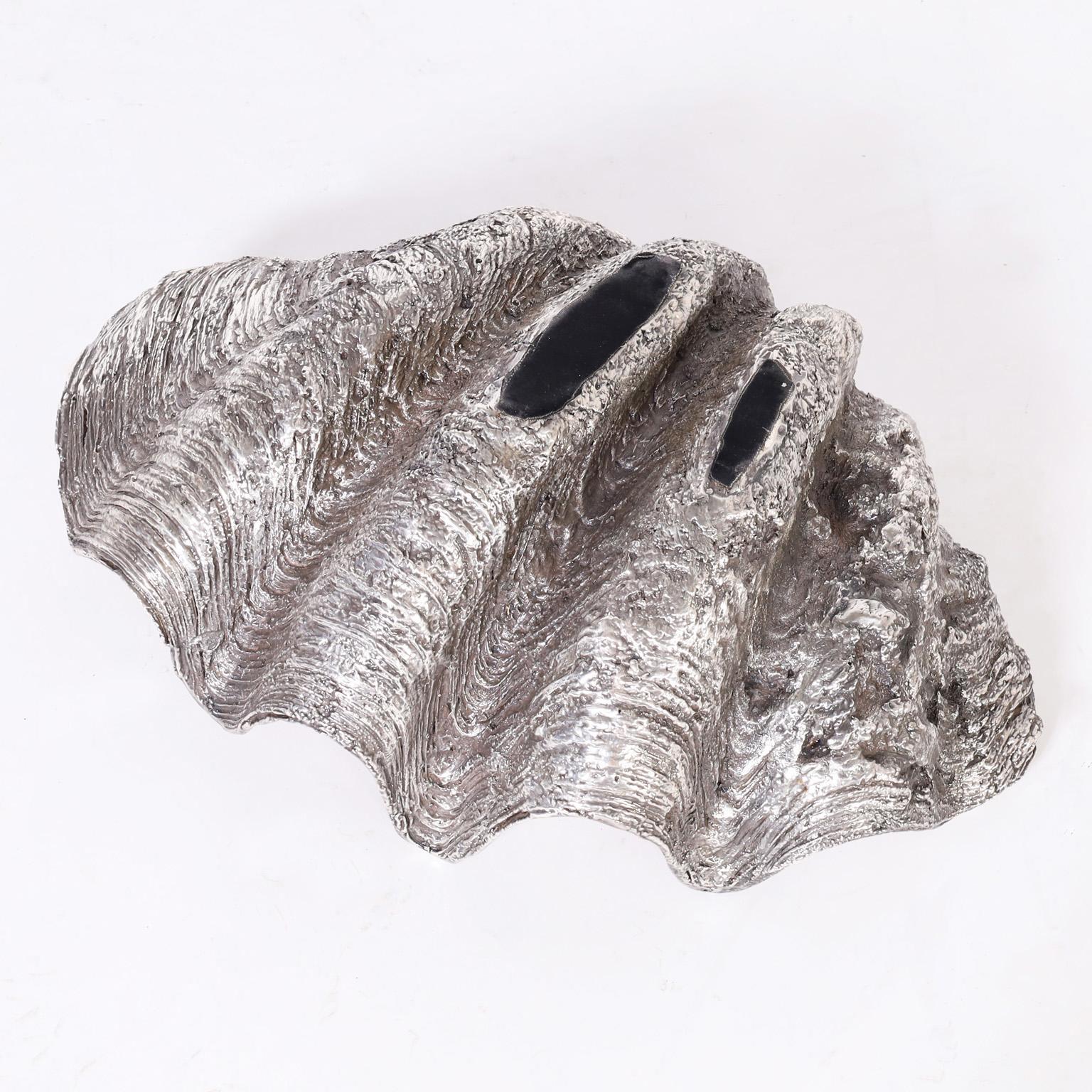 Mid-Century Modern Silver Plate Life Size Giant Clam Shell Sculpture For Sale