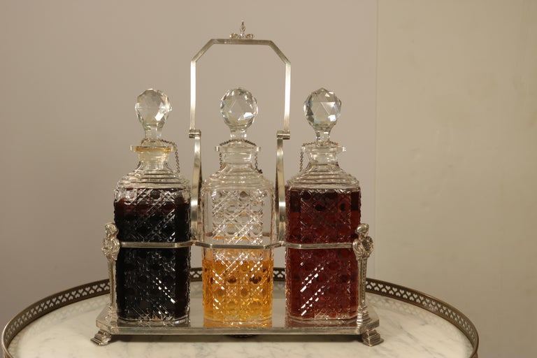 Silver Liquor Decanter Caddy, Original Cut Crystal Bottle,Stopper