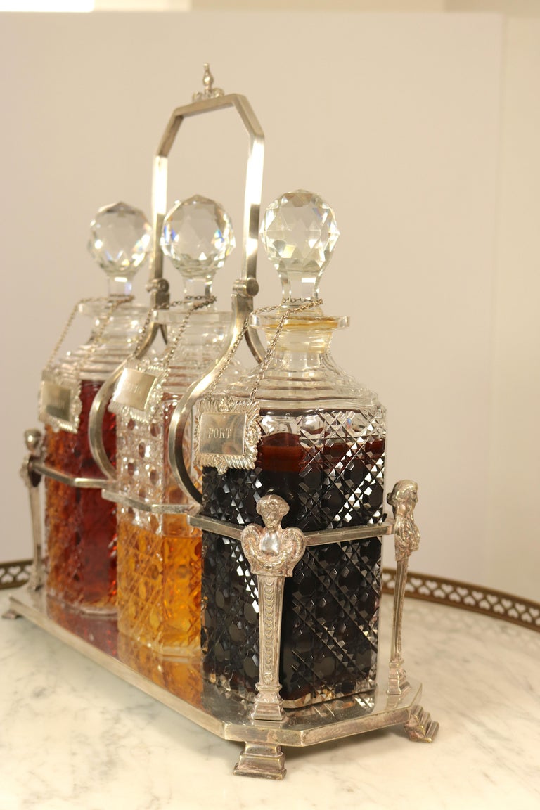Silver Liquor Decanter Caddy, Original Cut Crystal Bottle, Stopper