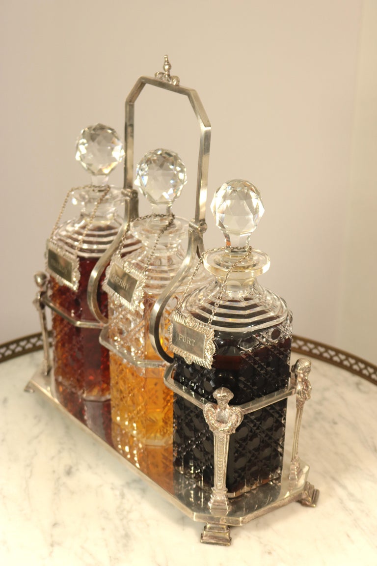 Silver Liquor Decanter Caddy, Original Cut Crystal Bottle,Stopper