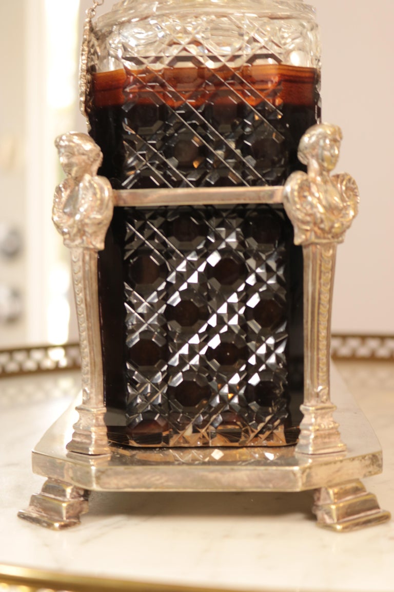 Silver Liquor Decanter Caddy, Original Cut Crystal Bottle, Stopper