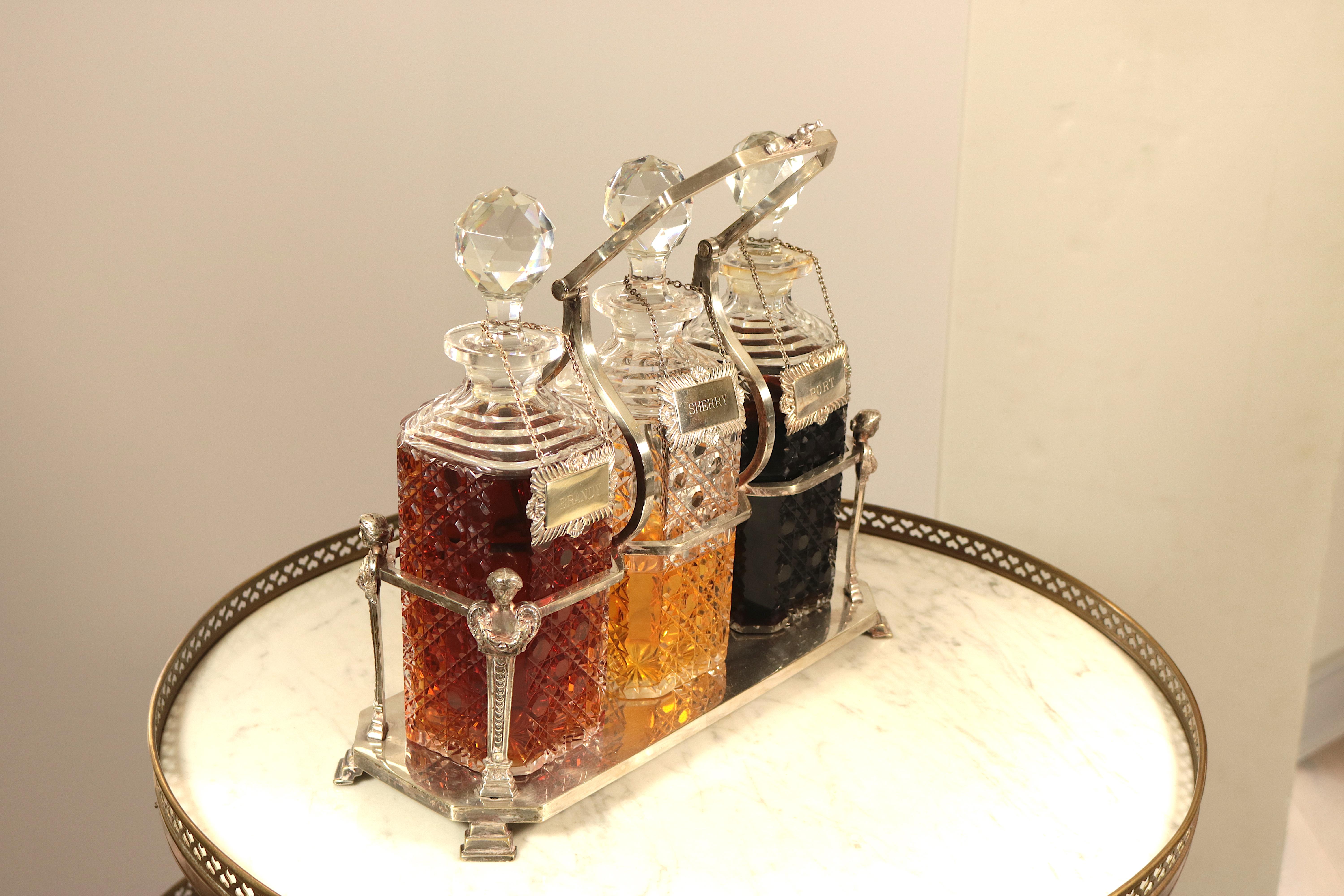 19th Century Silver Liquor Decanter Caddy, Original Cut Crystal Bottle, Stopper, Sterling Label For Sale