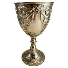 Silver Plate Loving Cup Goblet Wedding Wine Stem Embossed Cherubs Grapes