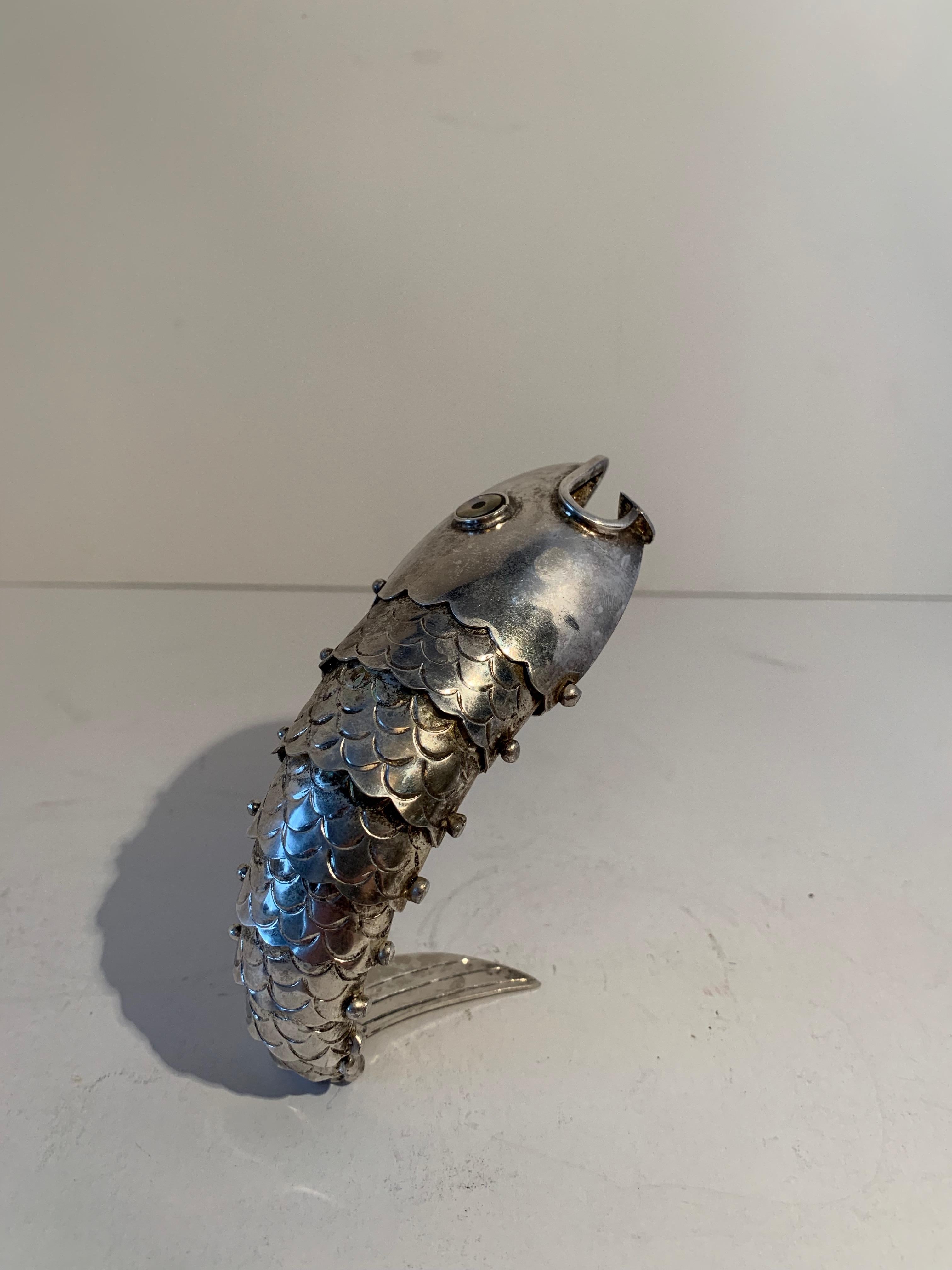 Mid-Century Modern Silver Plate Mexican Articulated Fish Bottle Opener