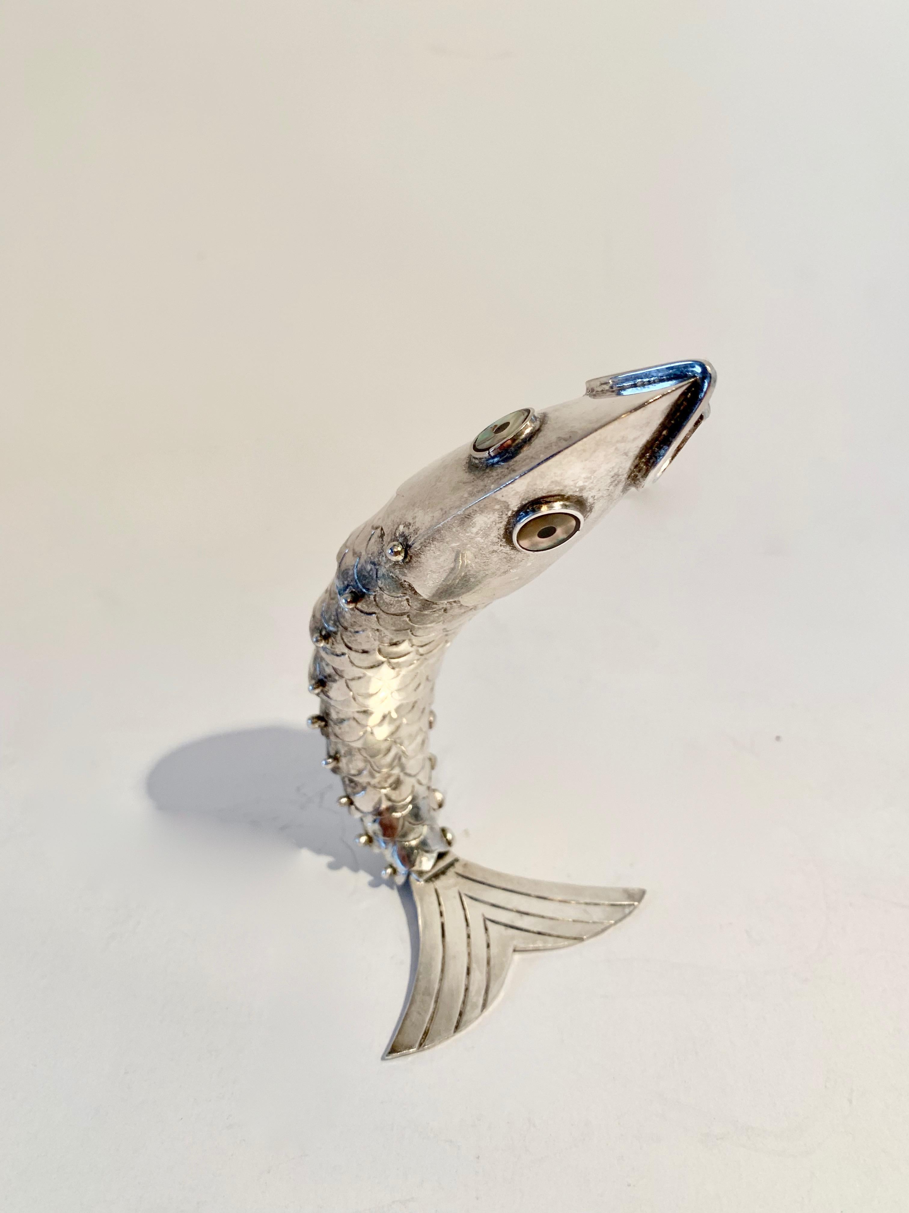 Silver Plate Mexican Articulated Fish Bottle Opener In Good Condition In Los Angeles, CA