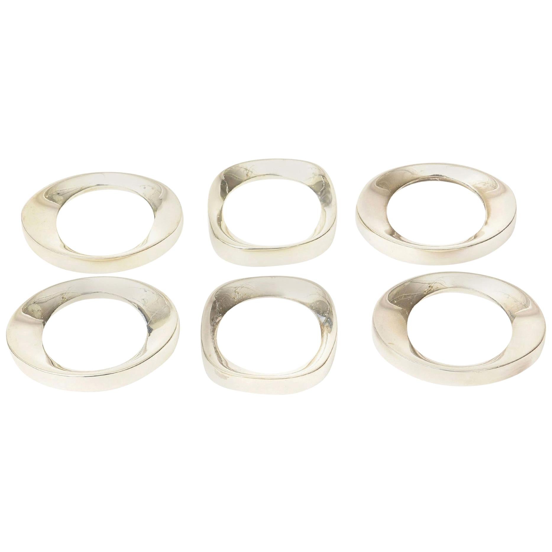 Silver Plate Modernist Sculptural Napkin Rings Set of 6 Vintage en vente