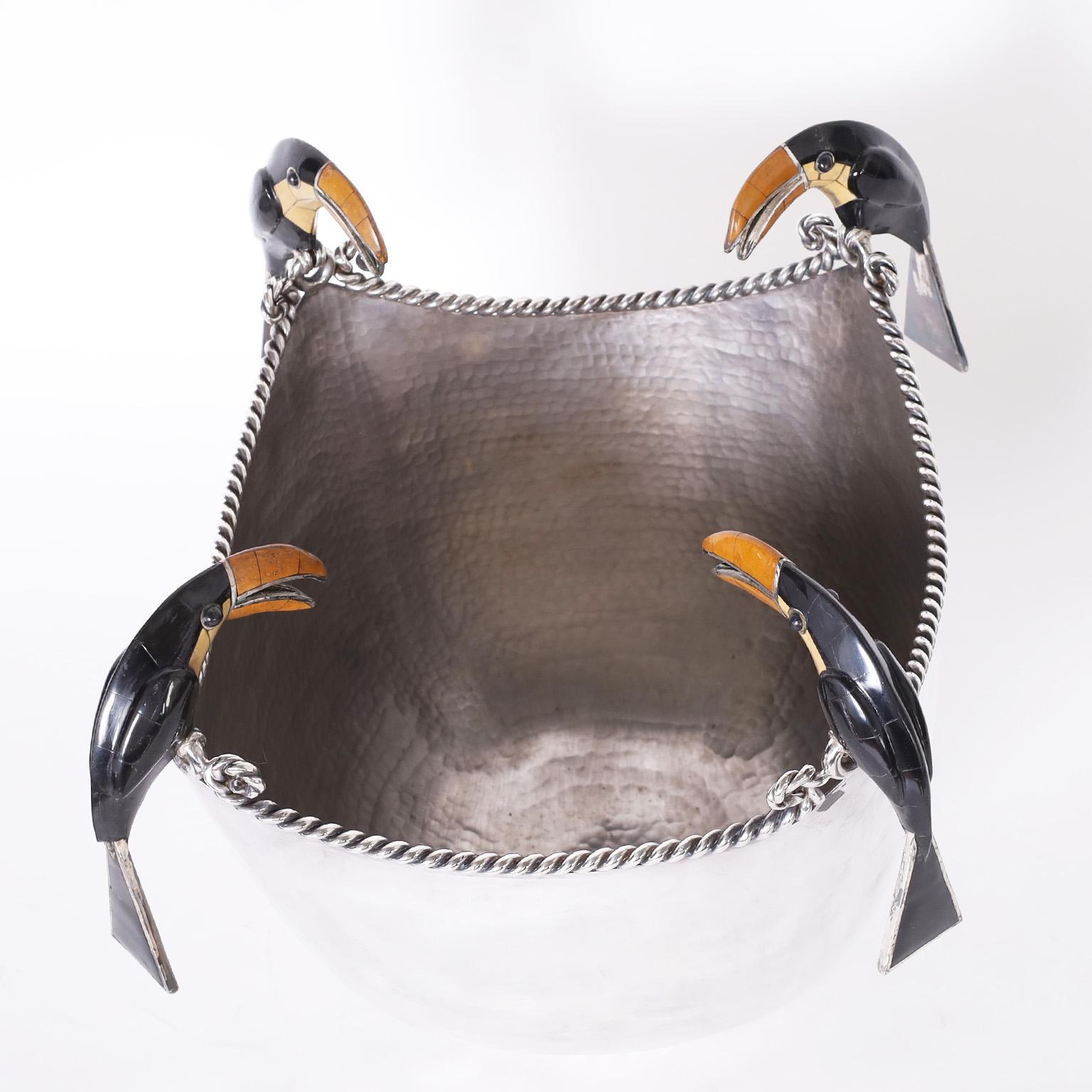 Mid-Century Modern Silver Plate on Copper Bowl with Toucans or Birds