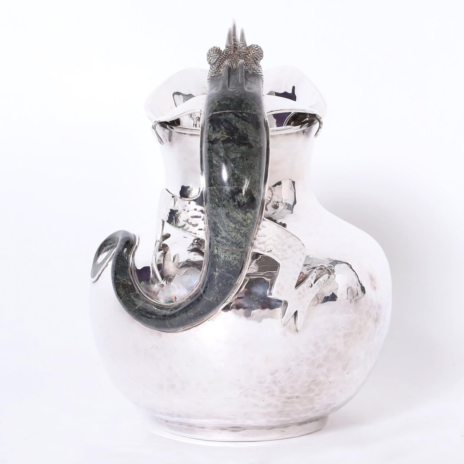Mexican Silver Plate on Copper Pitcher with Chameleon