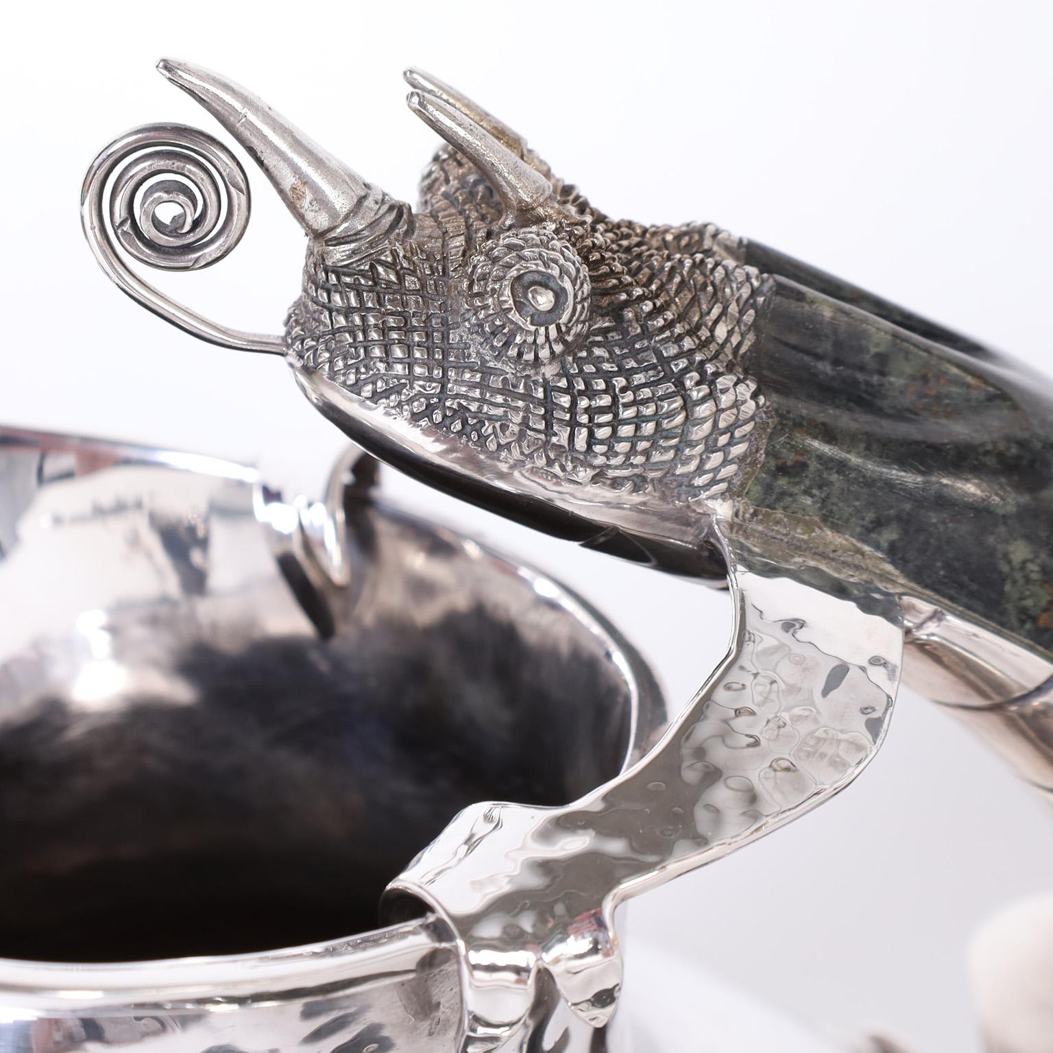20th Century Silver Plate on Copper Pitcher with Chameleon