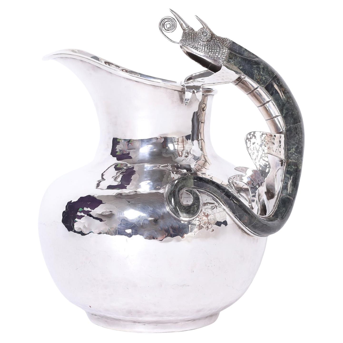 Silver Plate on Copper Pitcher with Chameleon