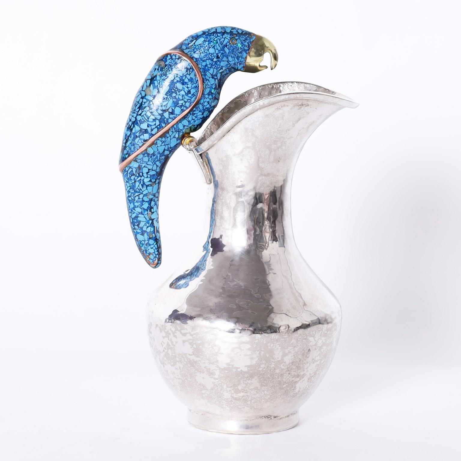 Mid-Century Modern Silver Plate on Copper Pitcher with Parrot by Emilia Castillo