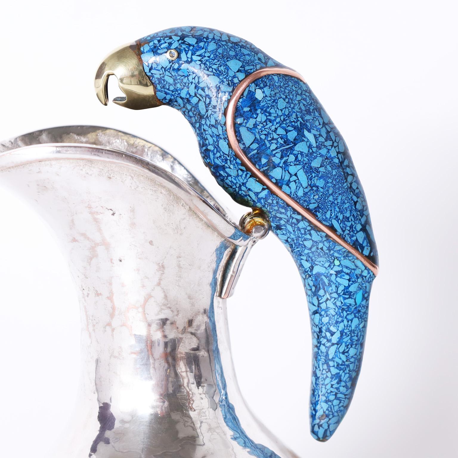 Mexican Silver Plate on Copper Pitcher with Parrot by Emilia Castillo