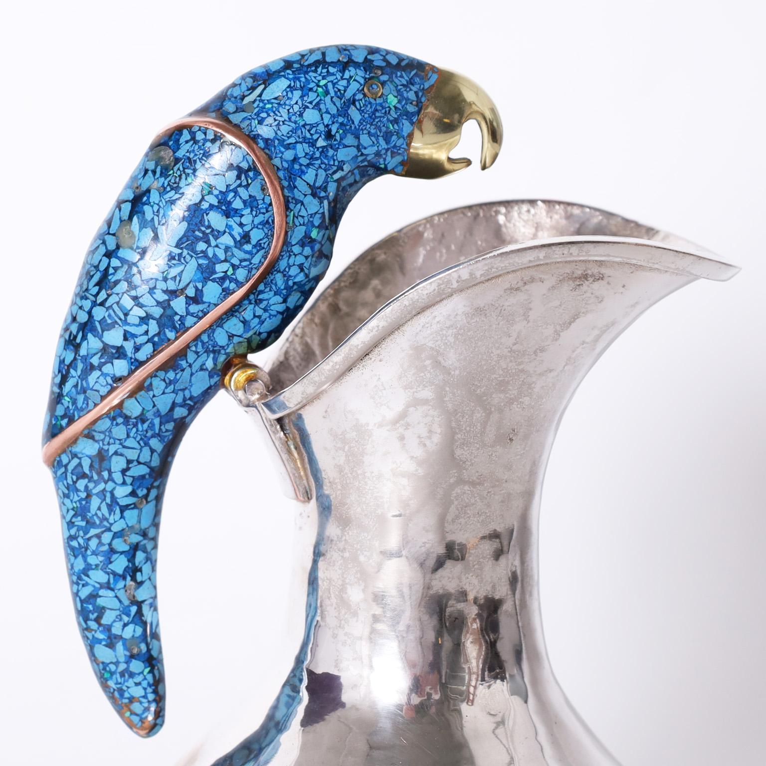 Silver Plate on Copper Pitcher with Parrot by Emilia Castillo In Good Condition In Palm Beach, FL