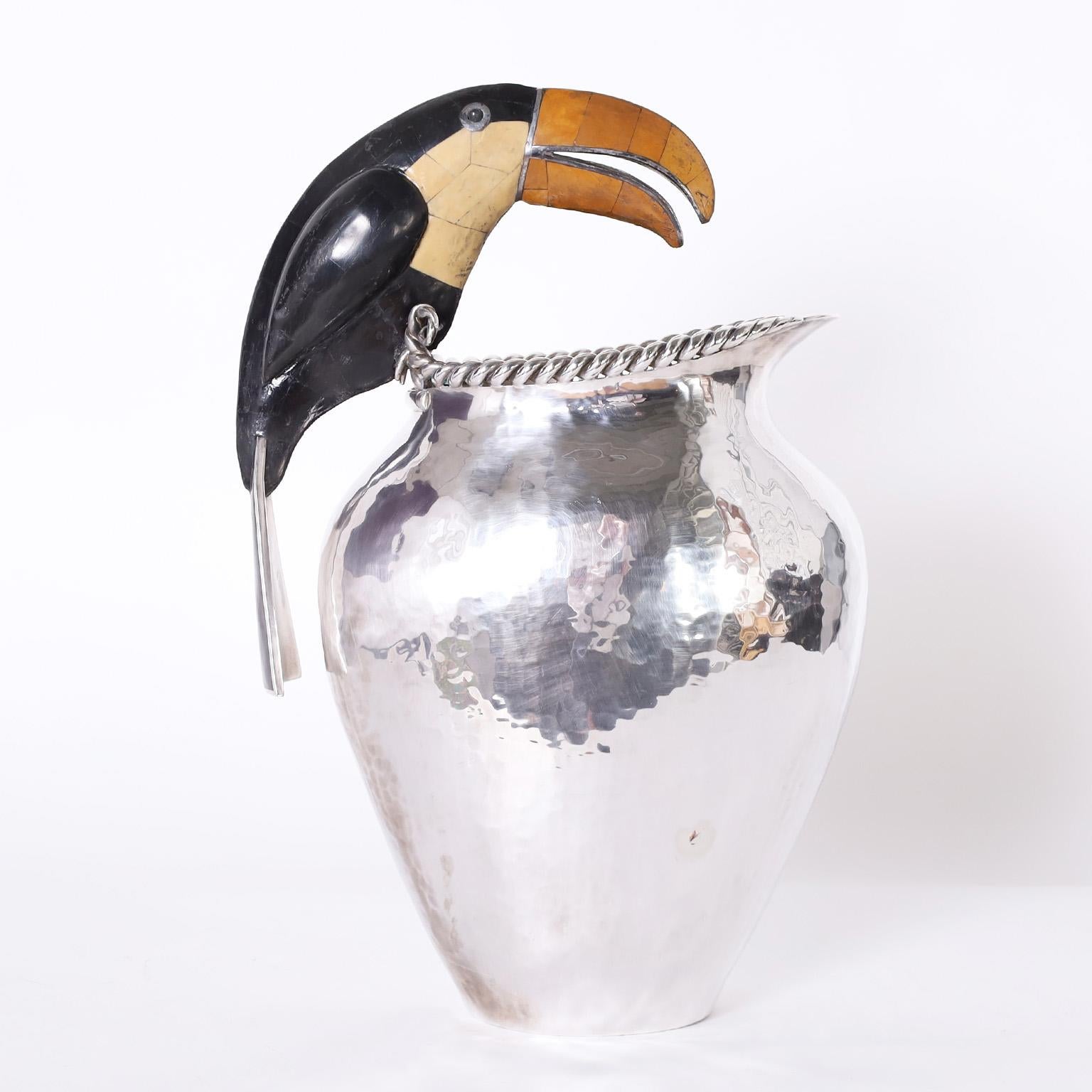 Mid-Century Modern Silver Plate on Copper Pitcher with Toucan by Emilia Castillo