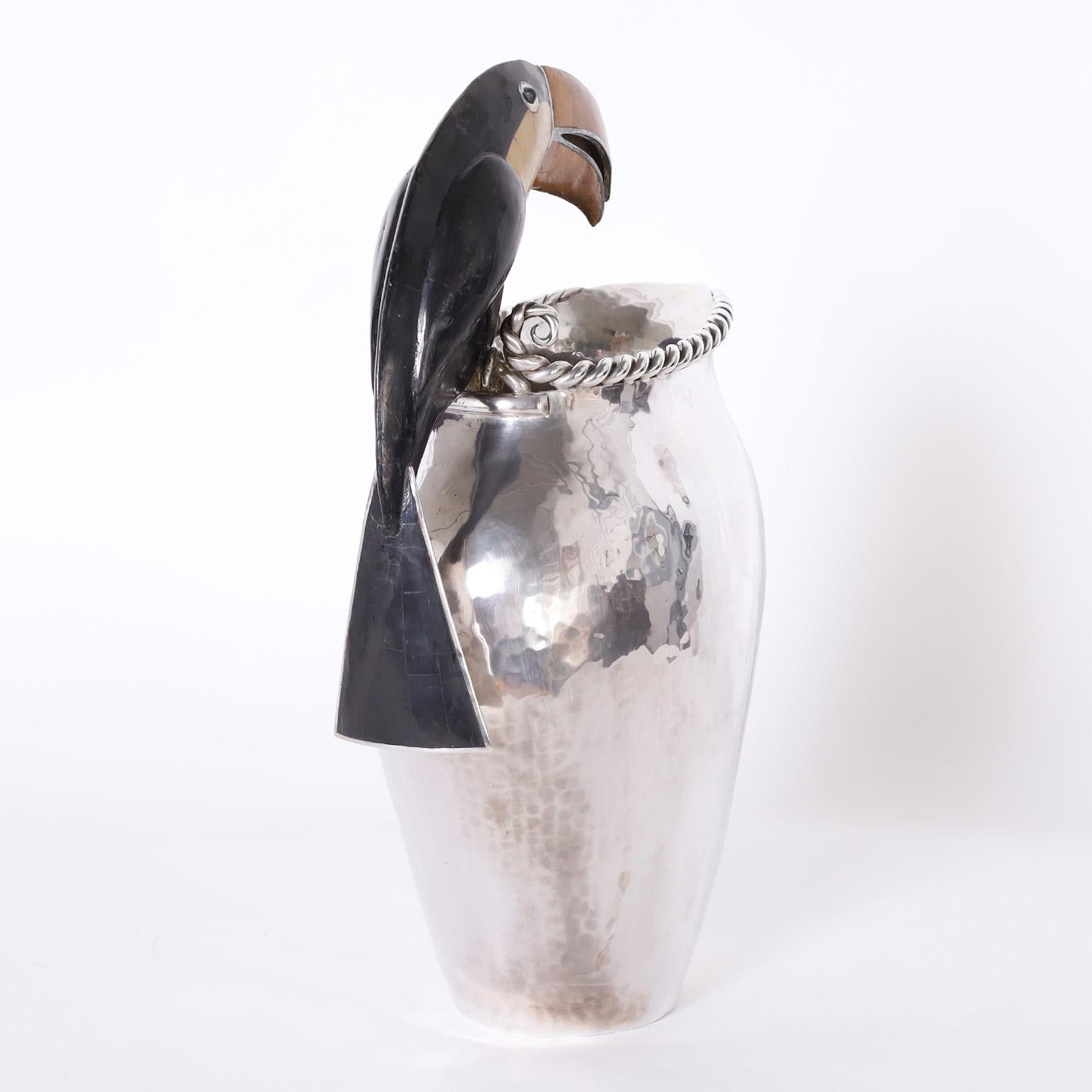Mexican Silver Plate on Copper Pitcher with Toucan by Emilia Castillo