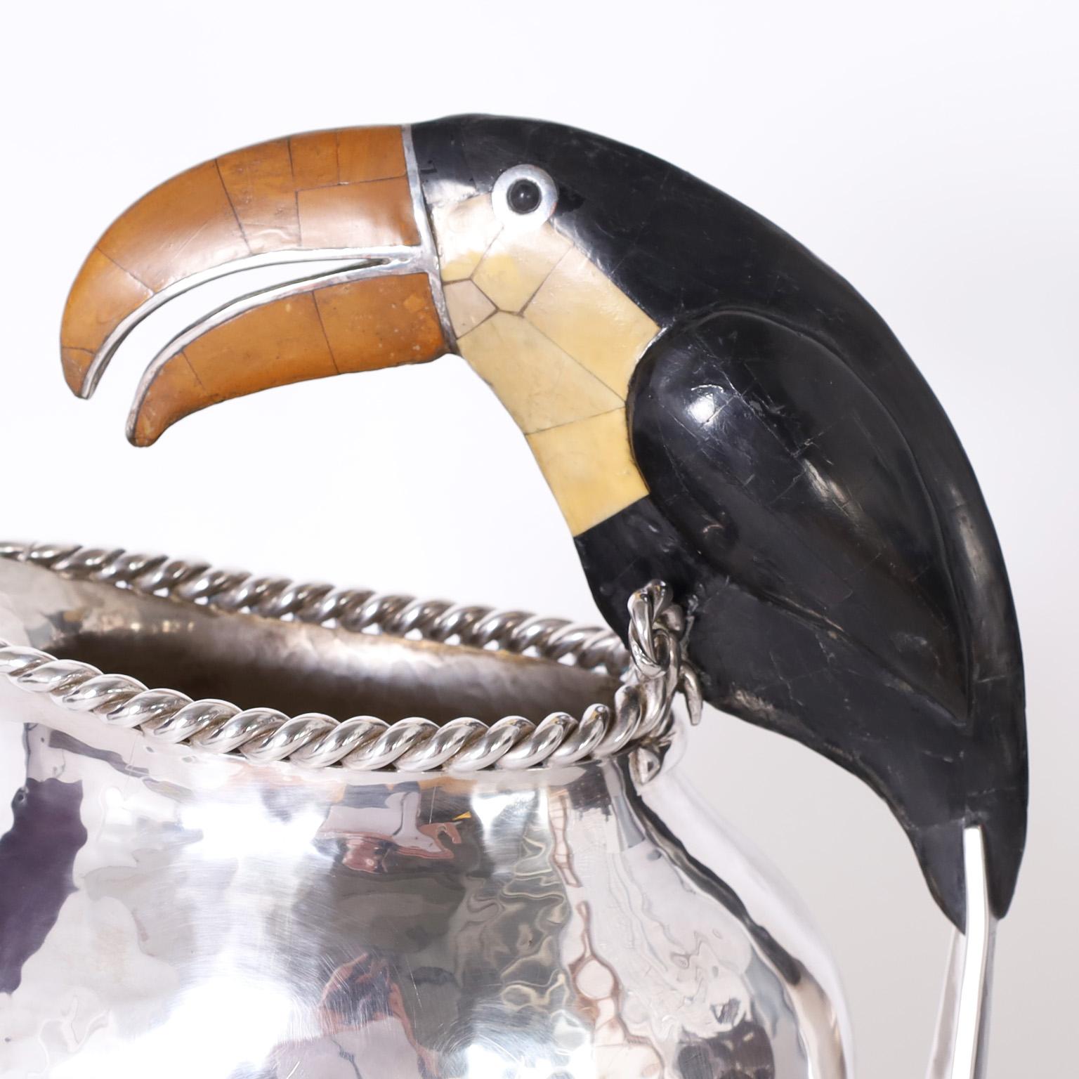 Hammered Silver Plate on Copper Pitcher with Toucan by Emilia Castillo