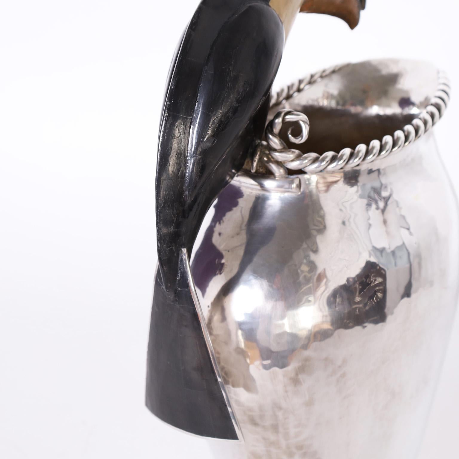 Silver Plate on Copper Pitcher with Toucan by Emilia Castillo In Good Condition In Palm Beach, FL