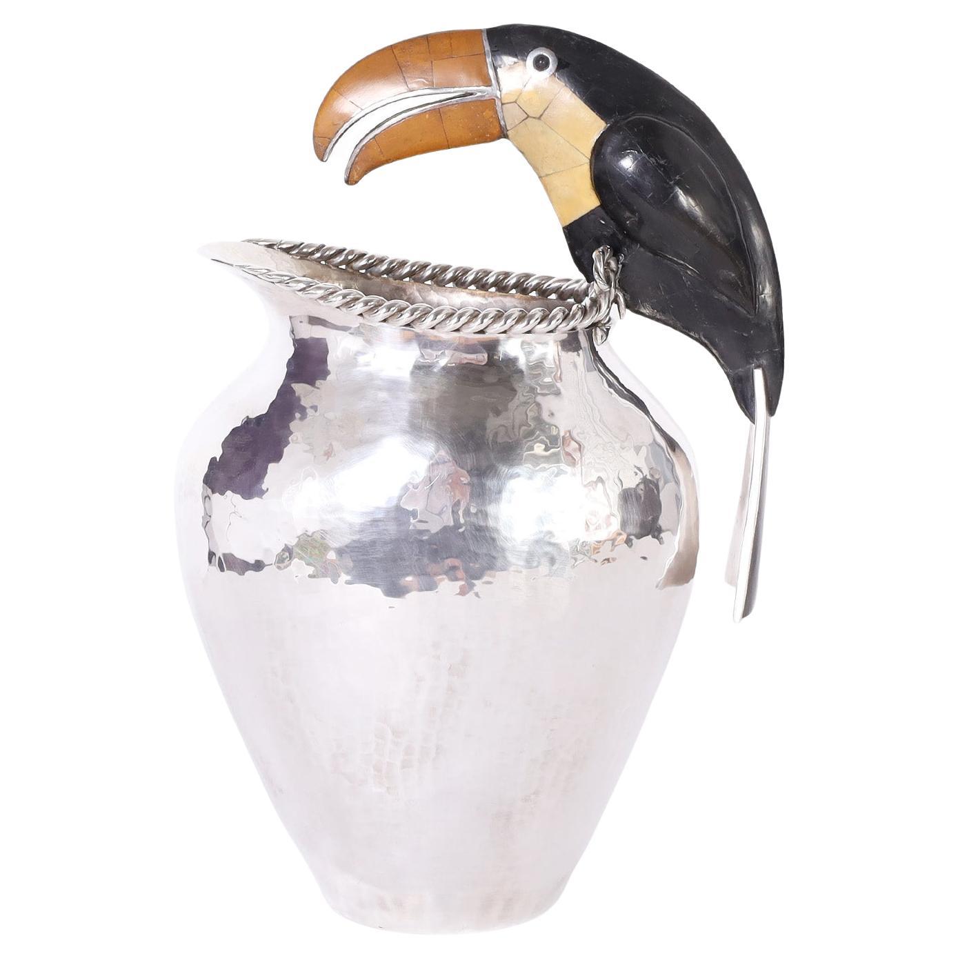 Silver Plate on Copper Pitcher with Toucan by Emilia Castillo