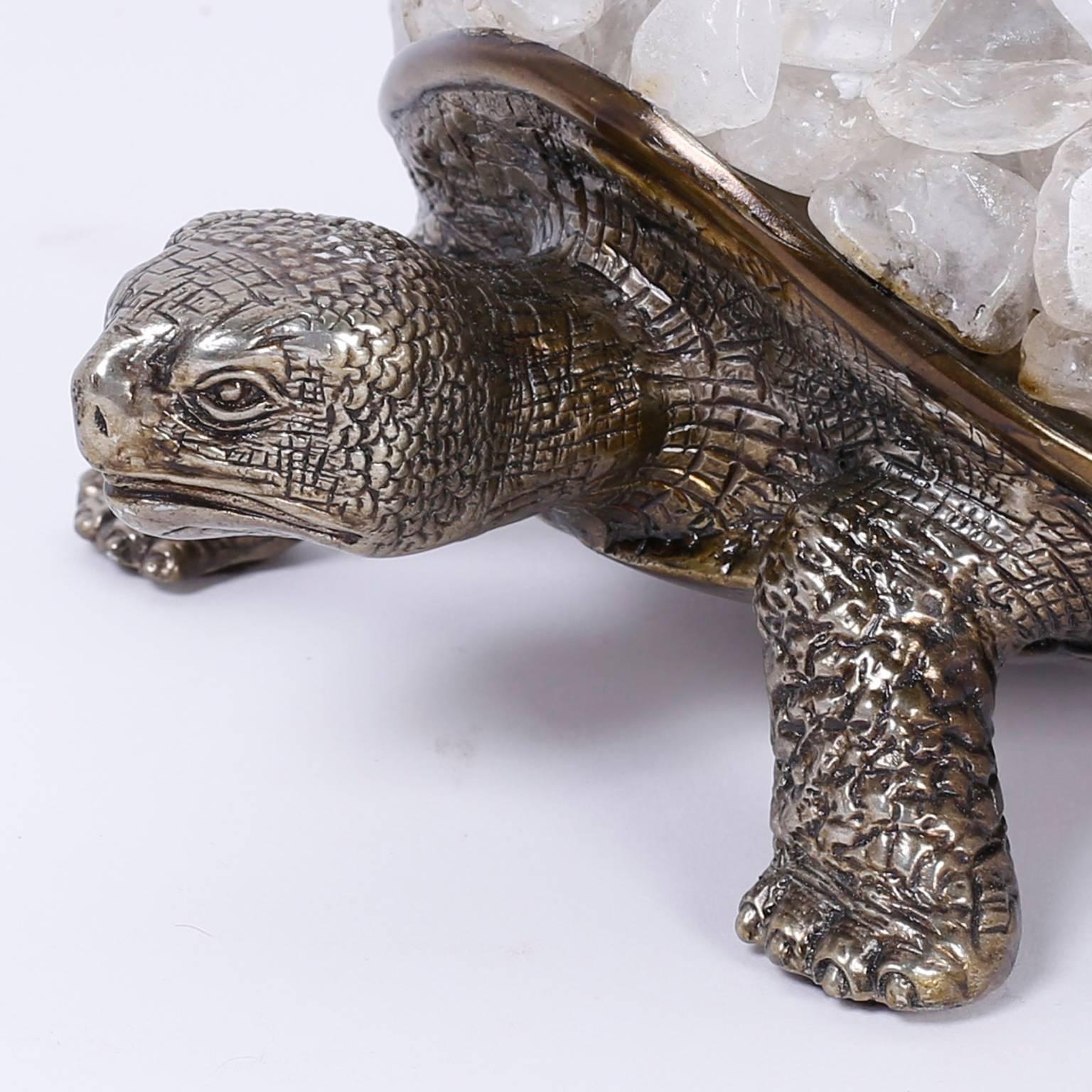Mid-Century Modern Silver Plate over Brass Turtle Sculpture with a Quartz Crystal Stone Shell
