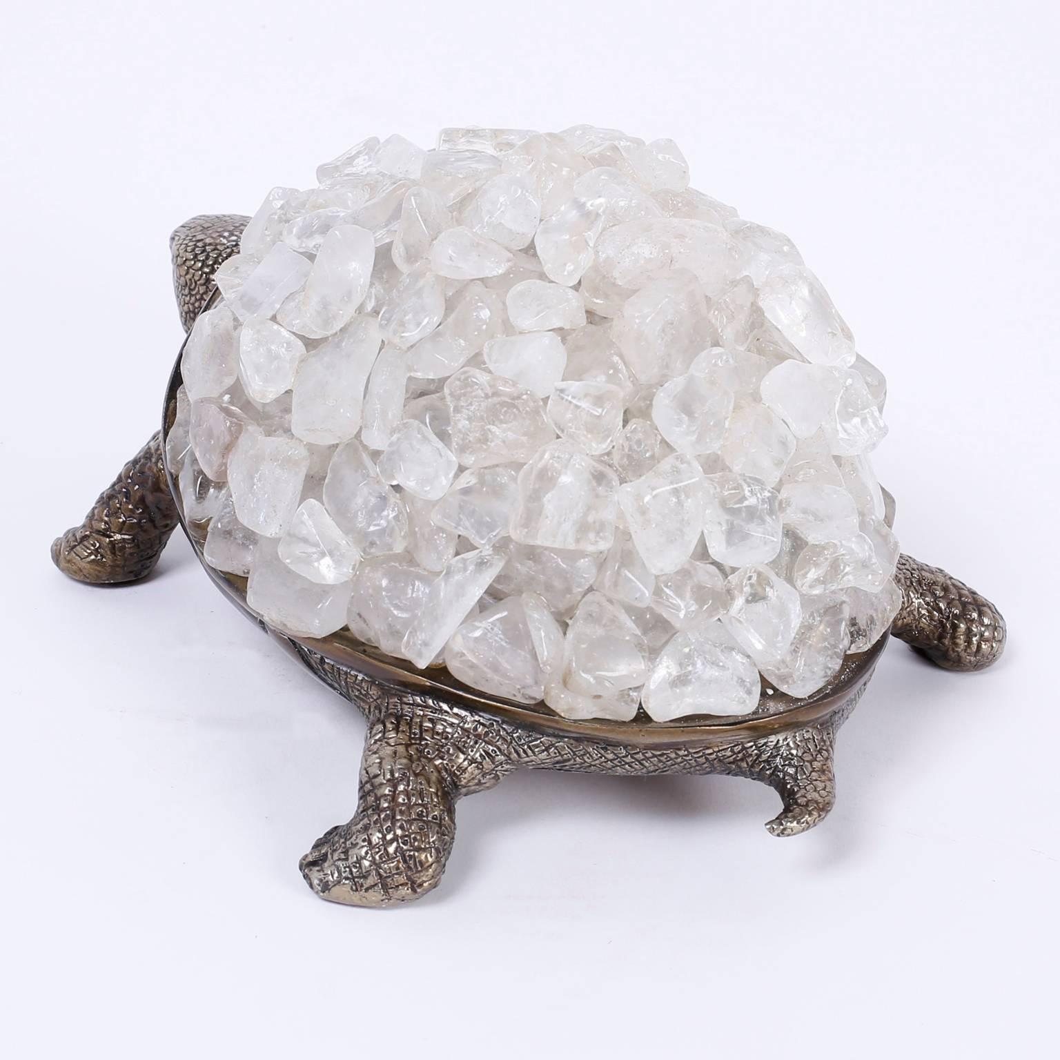 American Silver Plate over Brass Turtle Sculpture with a Quartz Crystal Stone Shell