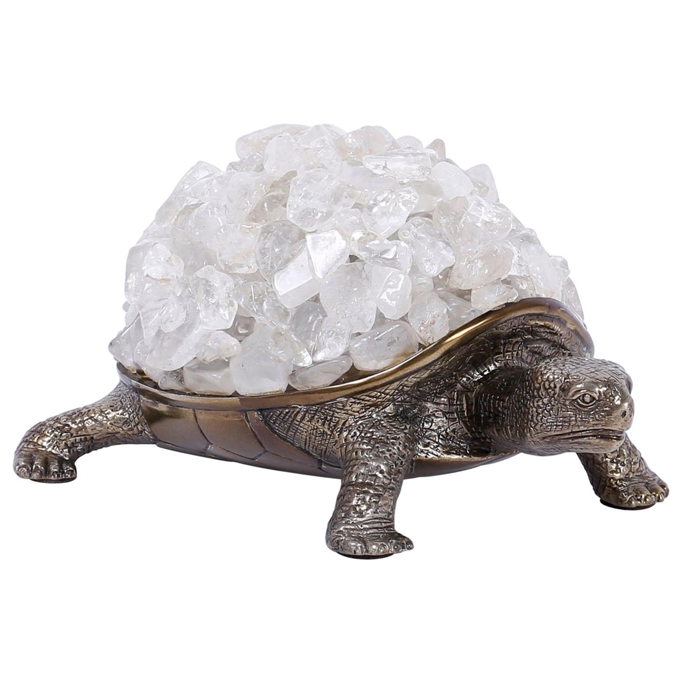 Silver Plate over Brass Turtle Sculpture with a Quartz Crystal Stone Shell