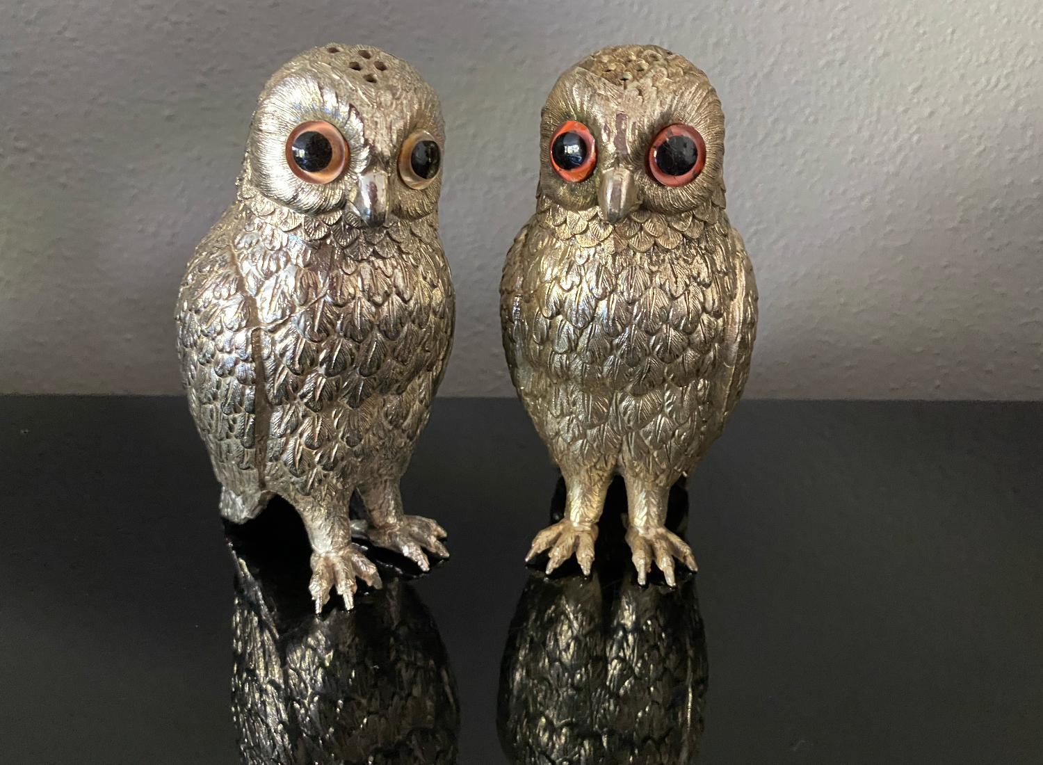 Art Deco Silver Plate Owl Corbell Salt & Pepper Shakers W/ Large Inset Glass Eyes