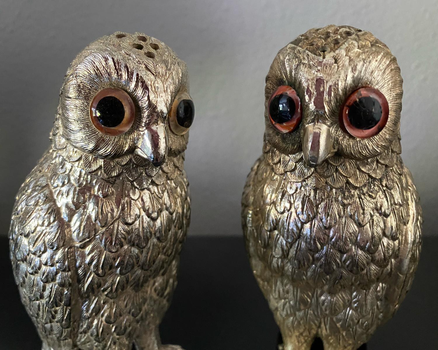 Scottish Silver Plate Owl Corbell Salt & Pepper Shakers W/ Large Inset Glass Eyes
