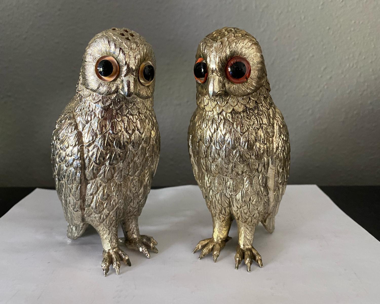Art Deco Silver Plate Owl Corbell Salt & Pepper Shakers W/ Large Inset Glass Eyes For Sale