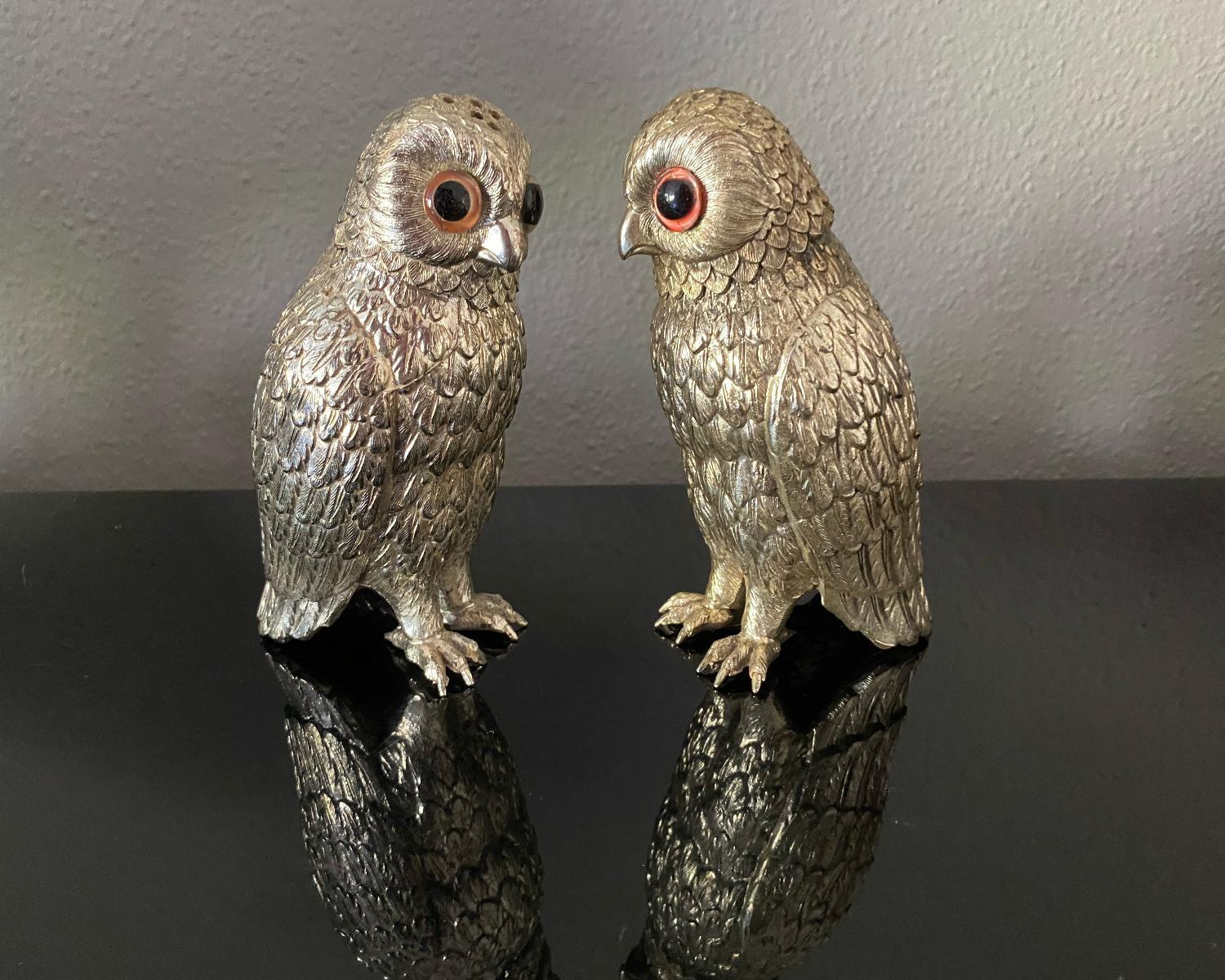 Scottish Silver Plate Owl Corbell Salt & Pepper Shakers W/ Large Inset Glass Eyes For Sale