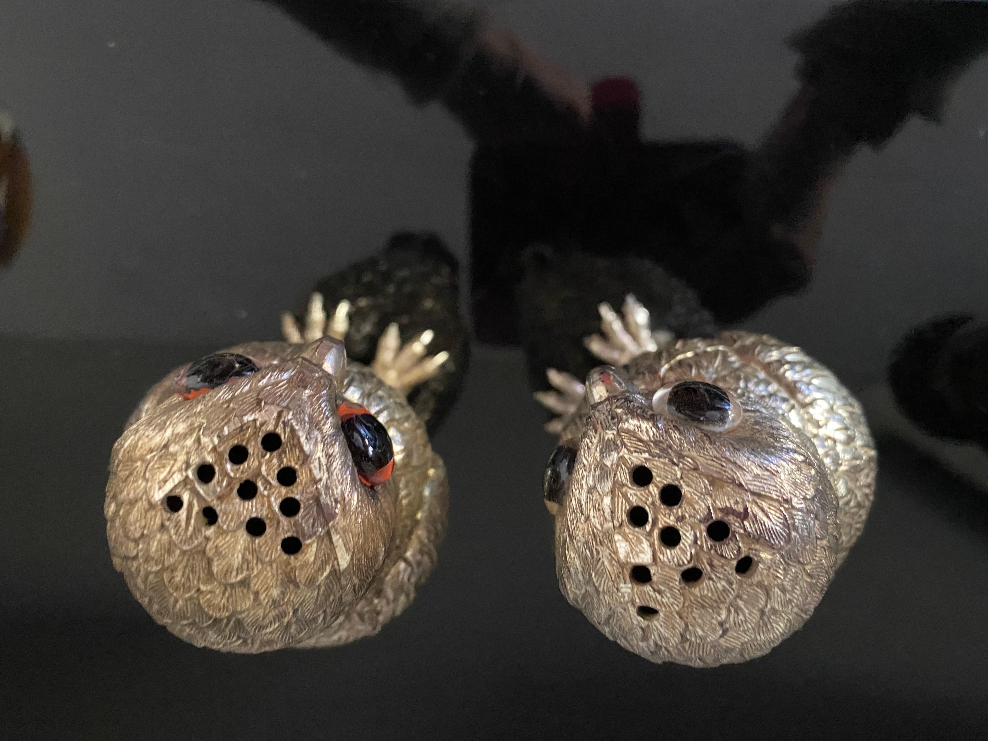 Mid-20th Century Silver Plate Owl Corbell Salt & Pepper Shakers W/ Large Inset Glass Eyes For Sale