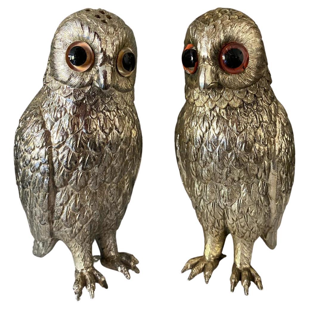 Silver Plate Owl Corbell Salt & Pepper Shakers W/ Large Inset Glass Eyes