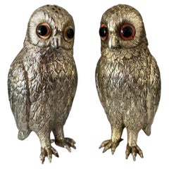 Vintage Silver Plate Owl Corbell Salt & Pepper Shakers W/ Large Inset Glass Eyes