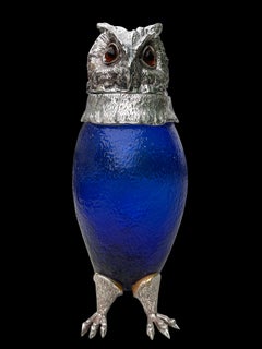 Silver Plate Owl Decanter Glass Glass Jug, 20th Century