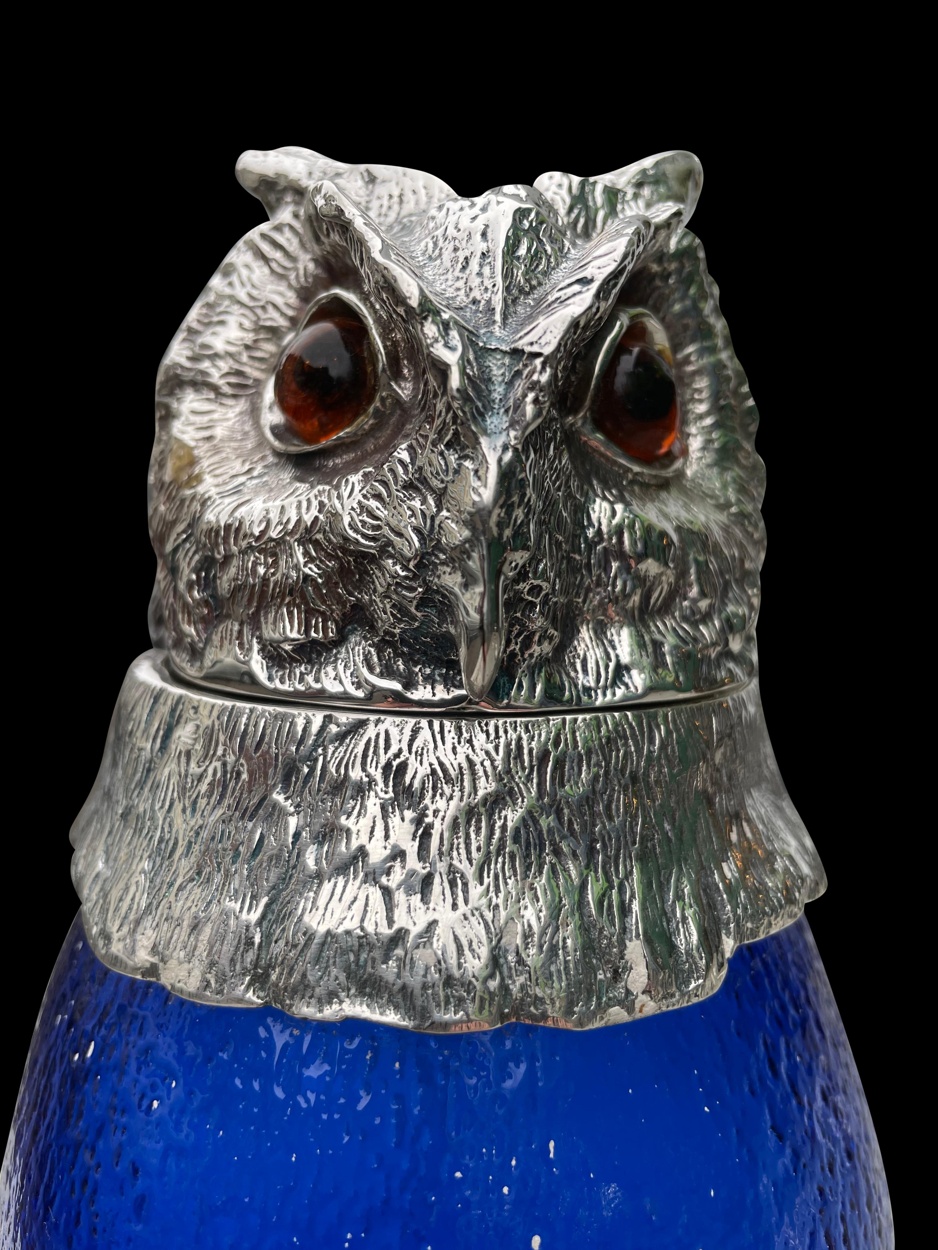 Silver Plate Owl Decanter Glass Glass Jug, 20th Century For Sale 2