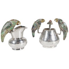 Silver Plate Parrot Creamer and Sugar by Los Castillo, 1962
