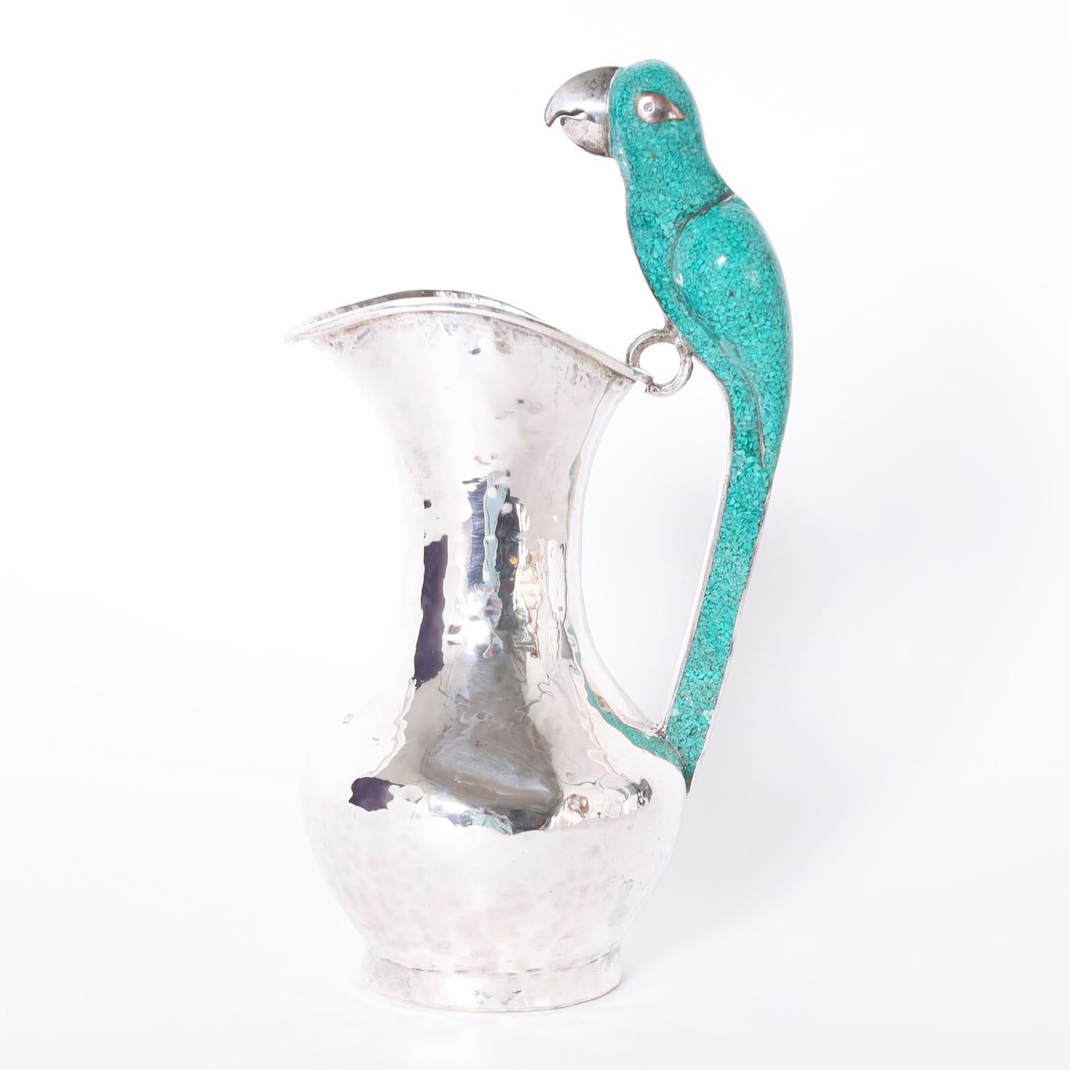 Mid-Century Modern Silver Plate Pitcher with Parrot Handle