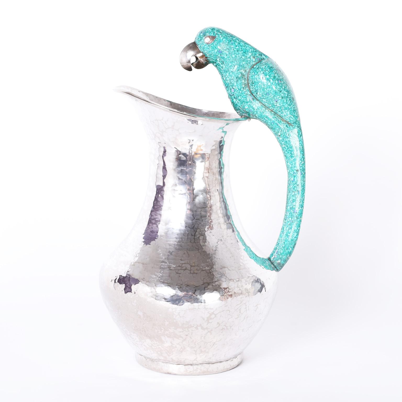 Mexican Silver Plate Pitcher with Parrot Handle
