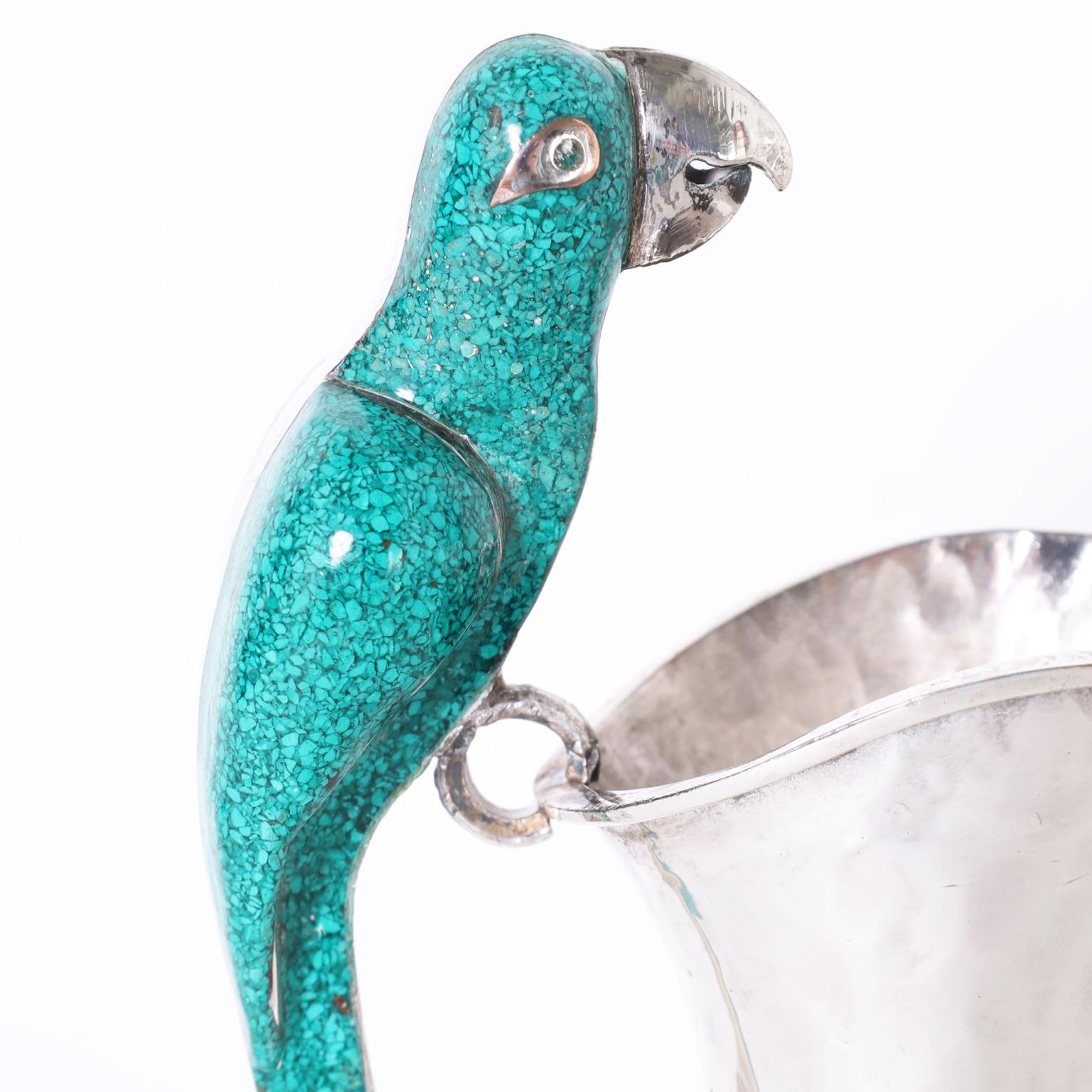 Hand-Crafted Silver Plate Pitcher with Parrot Handle