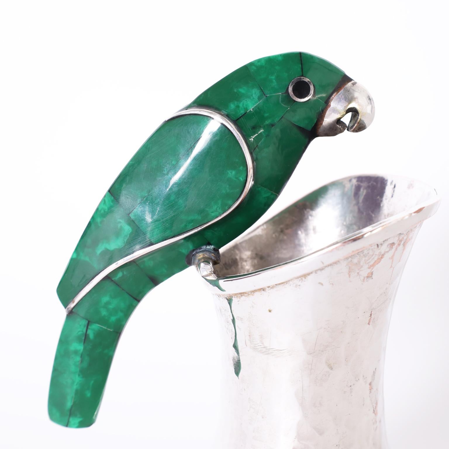 Hand-Crafted Silver Plate Pitcher with Parrot Handle in the Style of Los Castillo