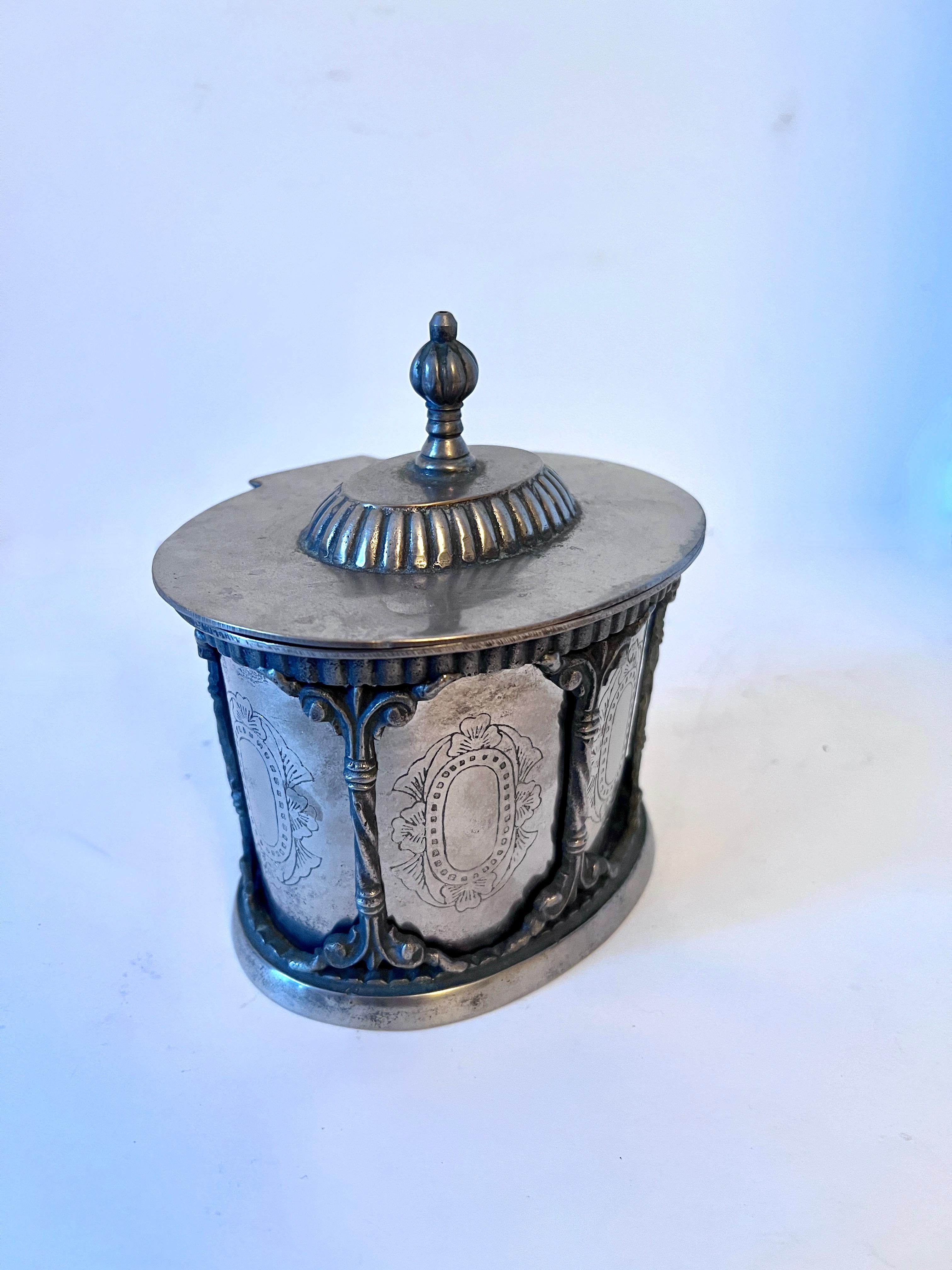 Silver Plate Removable Tea Caddy in Ornate Framework In Good Condition For Sale In Los Angeles, CA