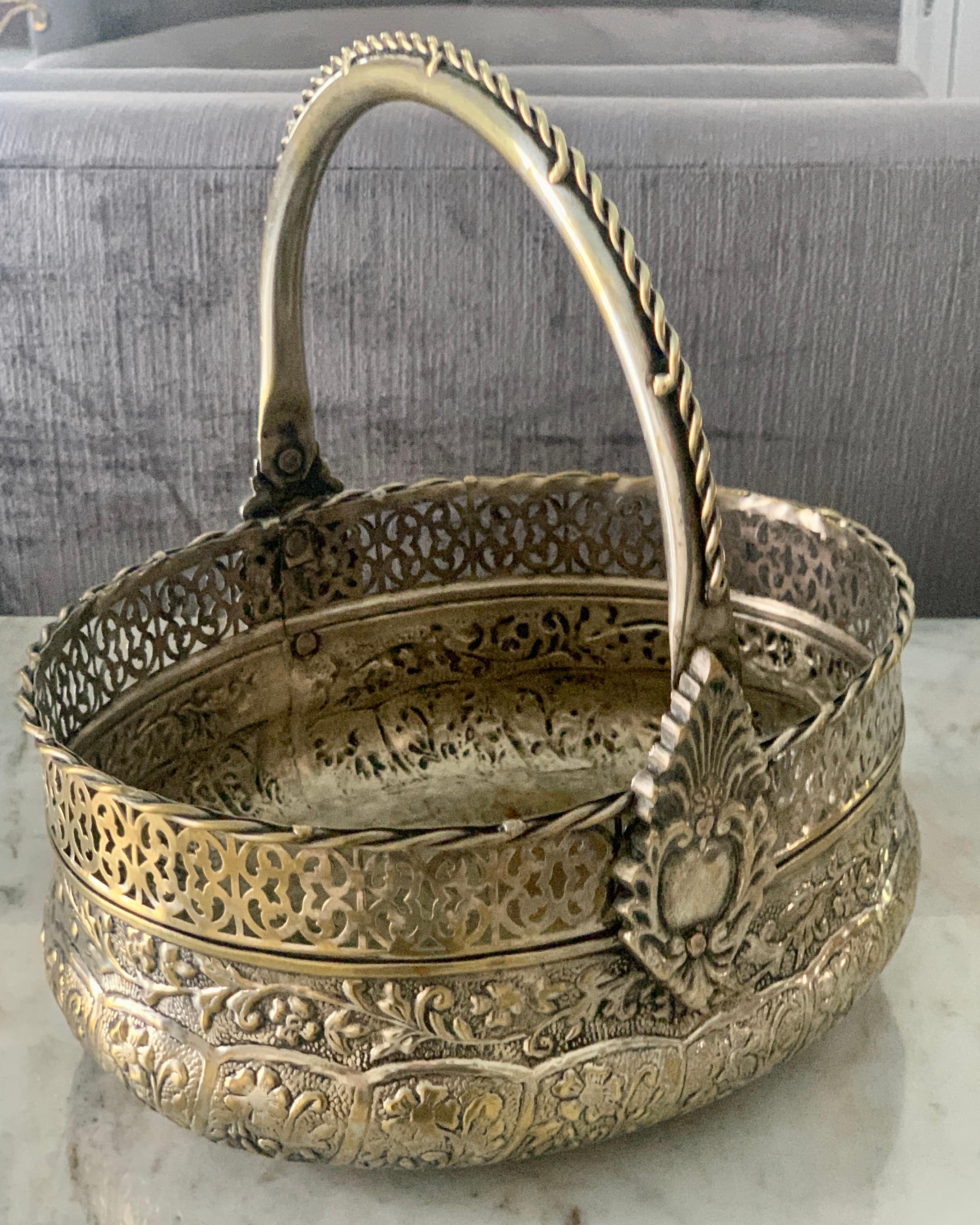 English Silver Plate Repousse Basket with Handle For Sale