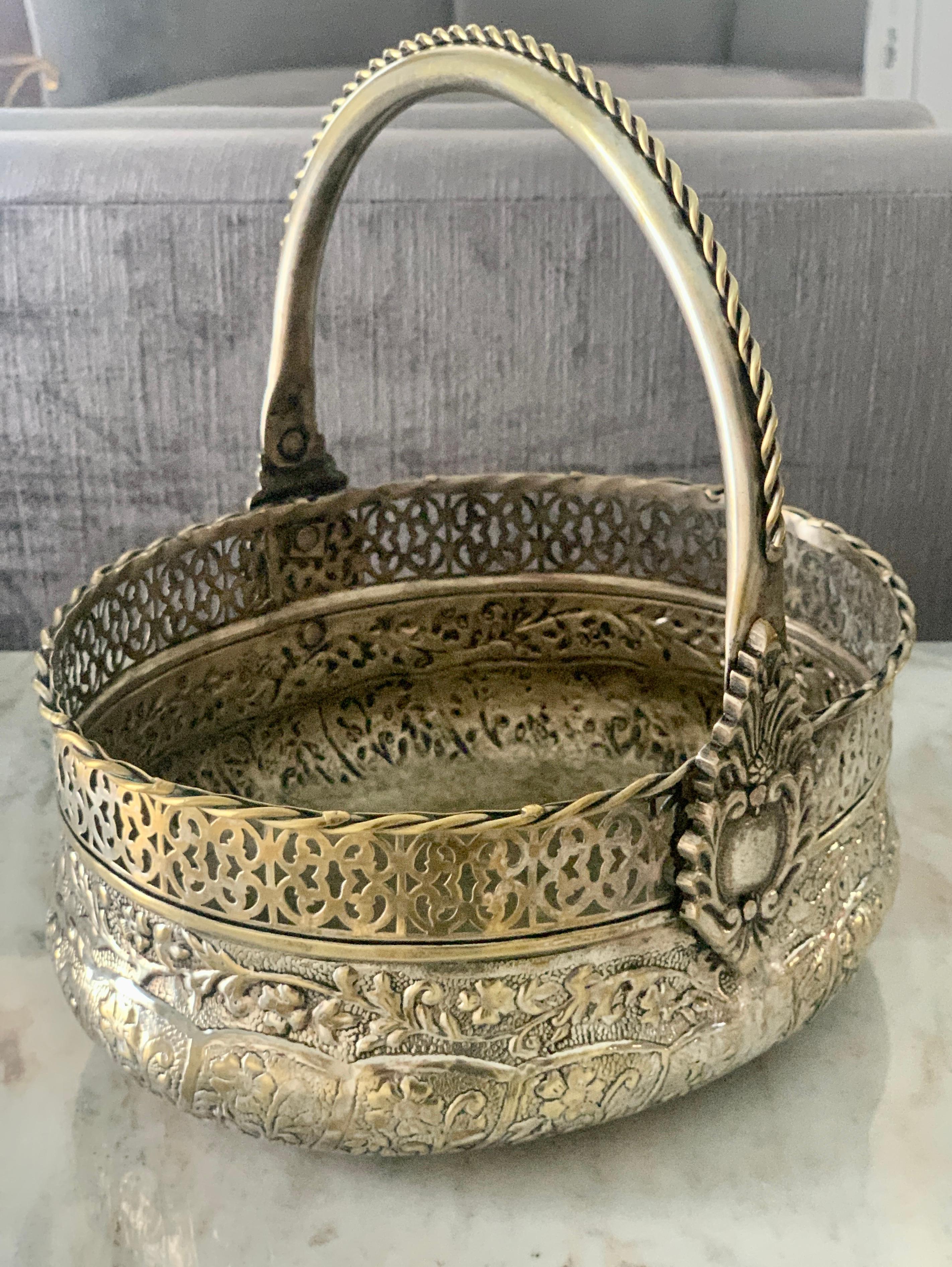 Repoussé Silver Plate Repousse Basket with Handle For Sale