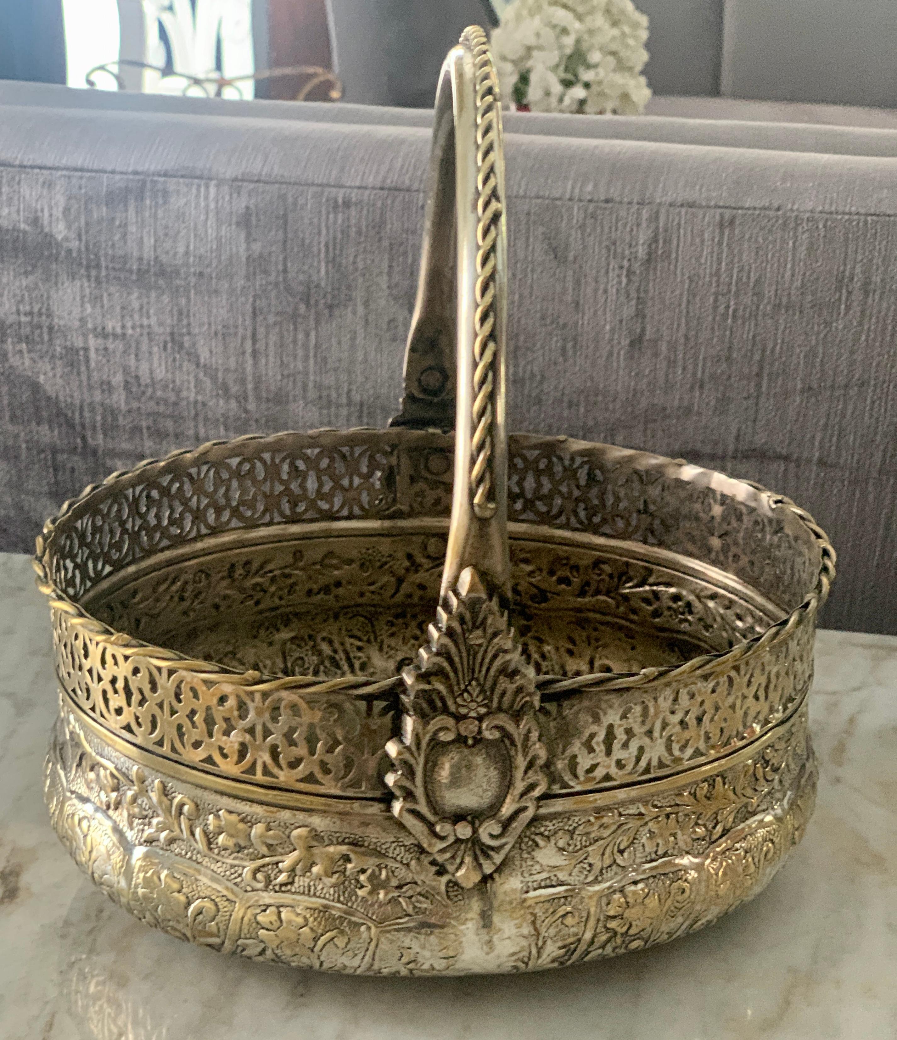 Silver Plate Repousse Basket with Handle In Good Condition For Sale In Los Angeles, CA