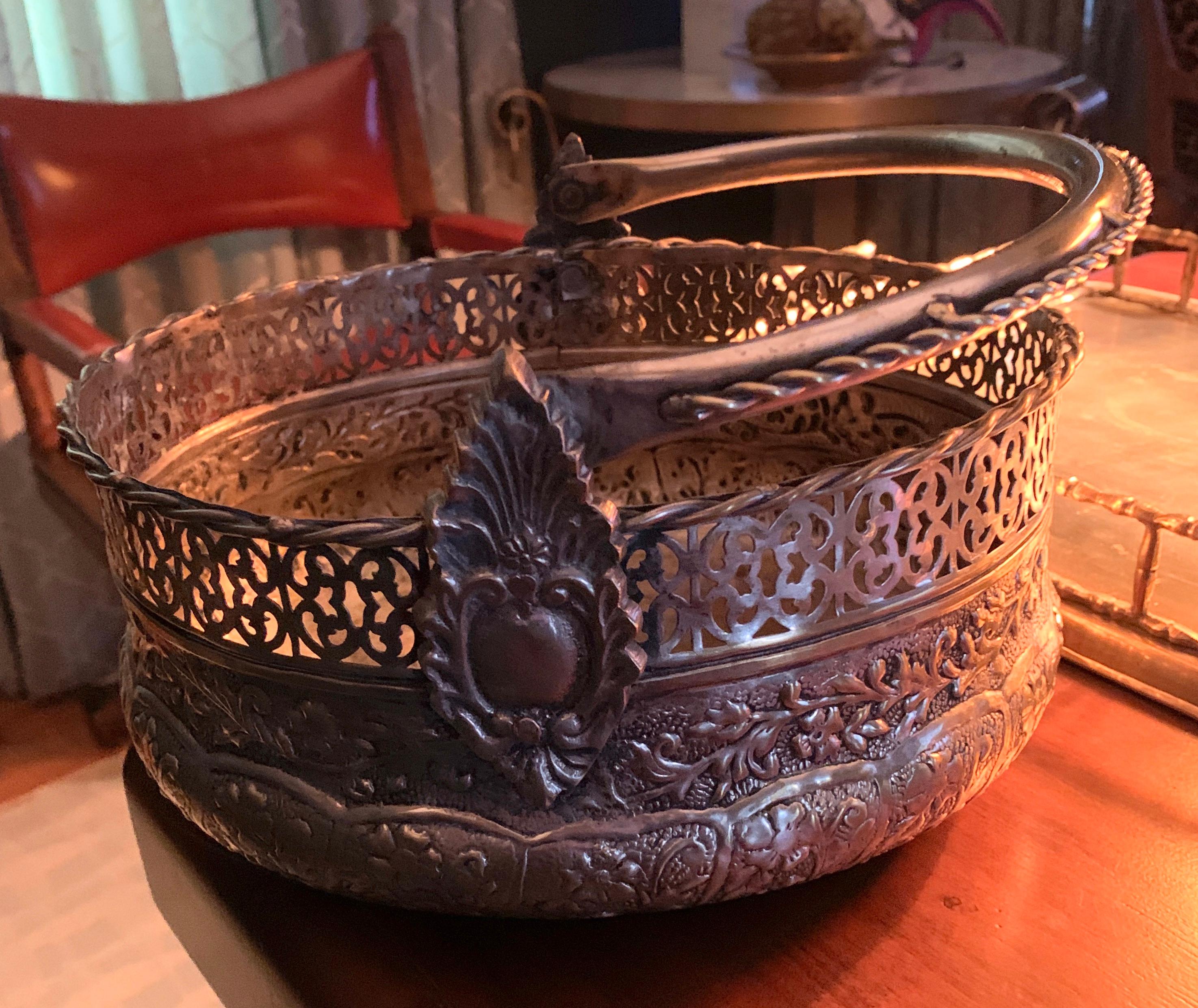 20th Century Silver Plate Repousse Basket with Handle For Sale