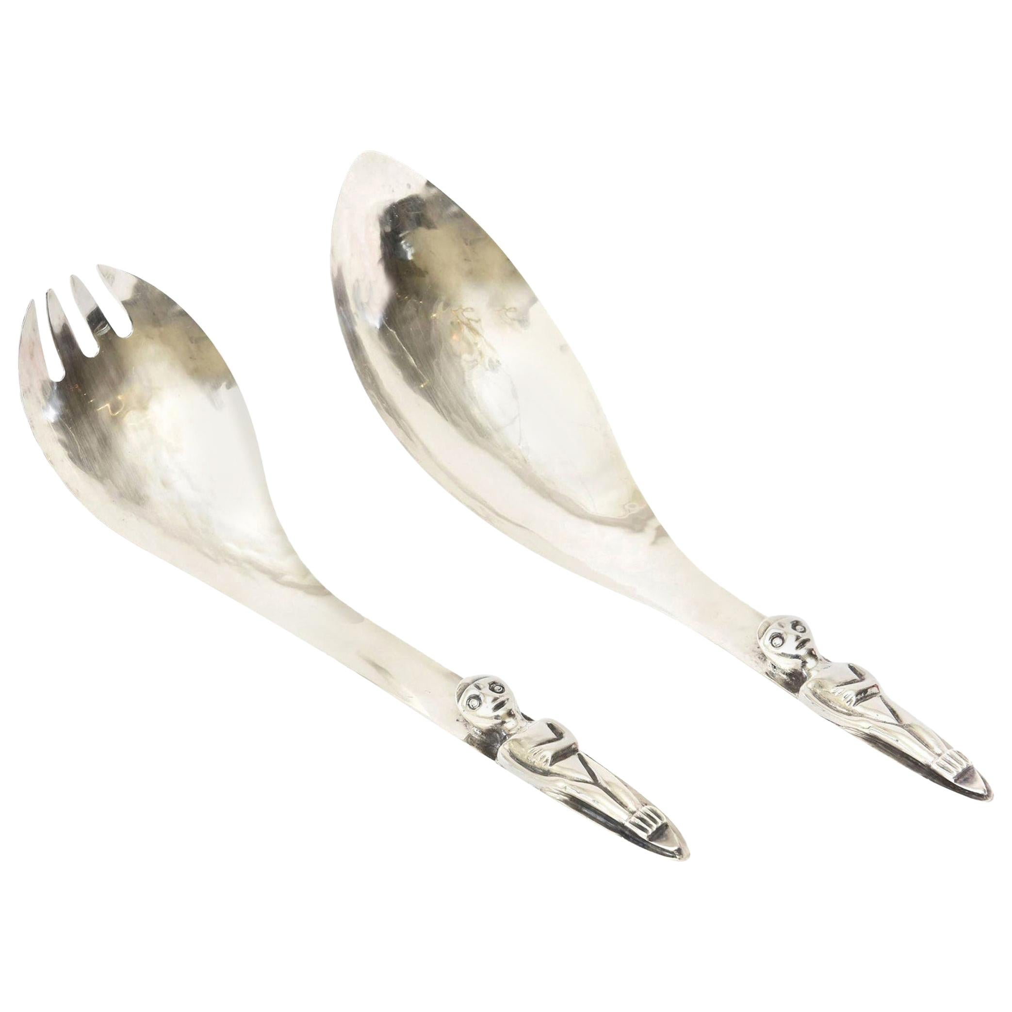 Pareja De Servidores De Ensalada Escultóricos Vintage De Plato De Plata en venta