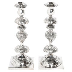 Silver Plate Shabbas Candle Holders W/ Stylized Floral Repouse by B. Henneberg